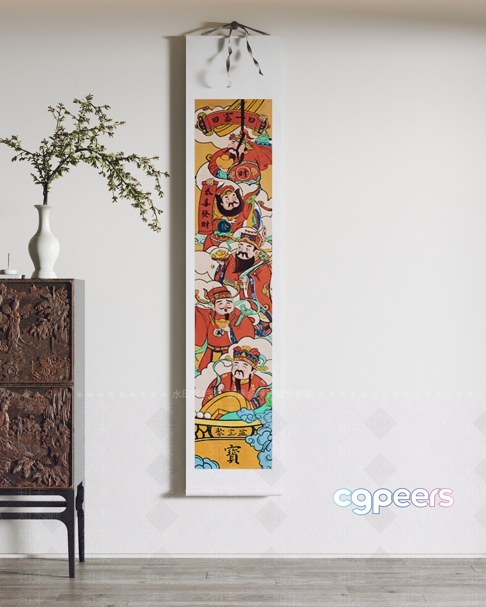 A Colorful Asian-Style Scroll Hangs On A Wall 3D Model - 20736 - VRAY Render