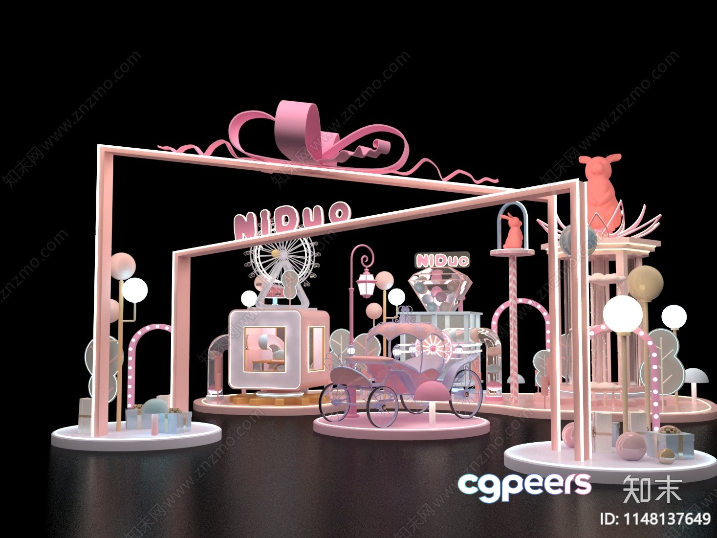 A Pink And White Stage With Various Objects Including A Car 3D Model - 8553 - VRAY Render