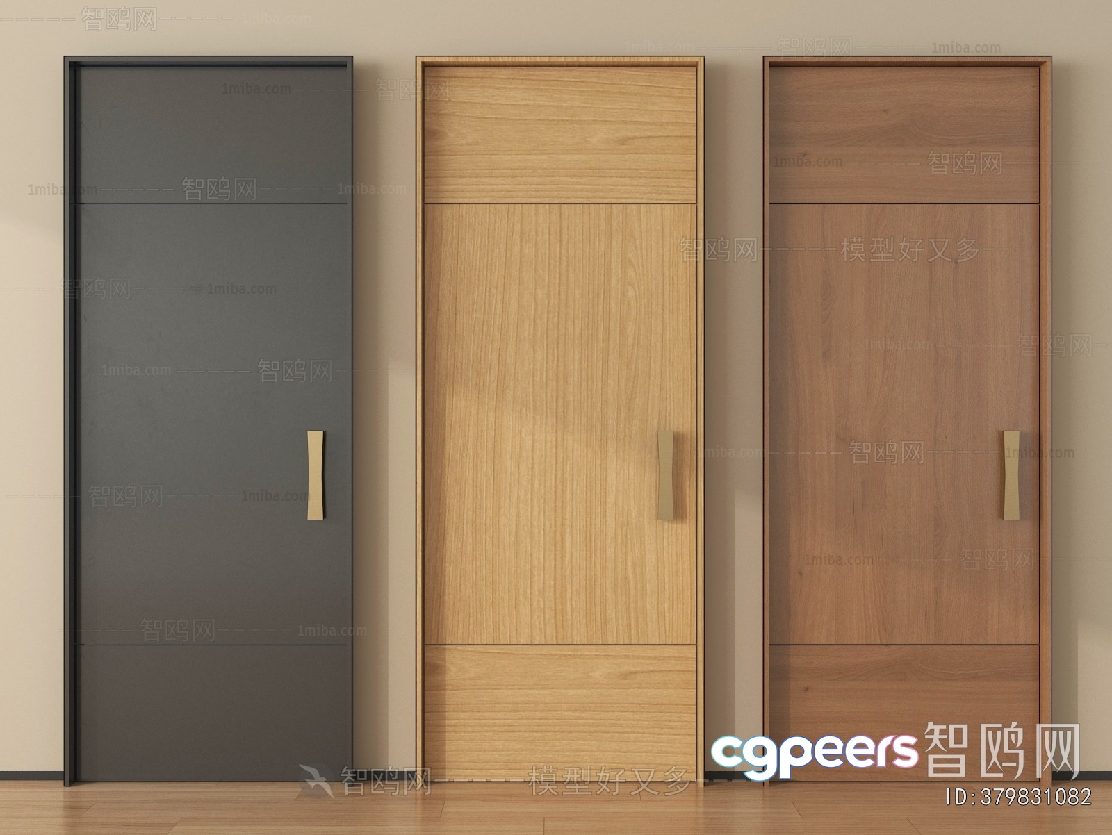 Three Wooden Doors With Gold Handles 3D Model - 10091 - VRAY Render