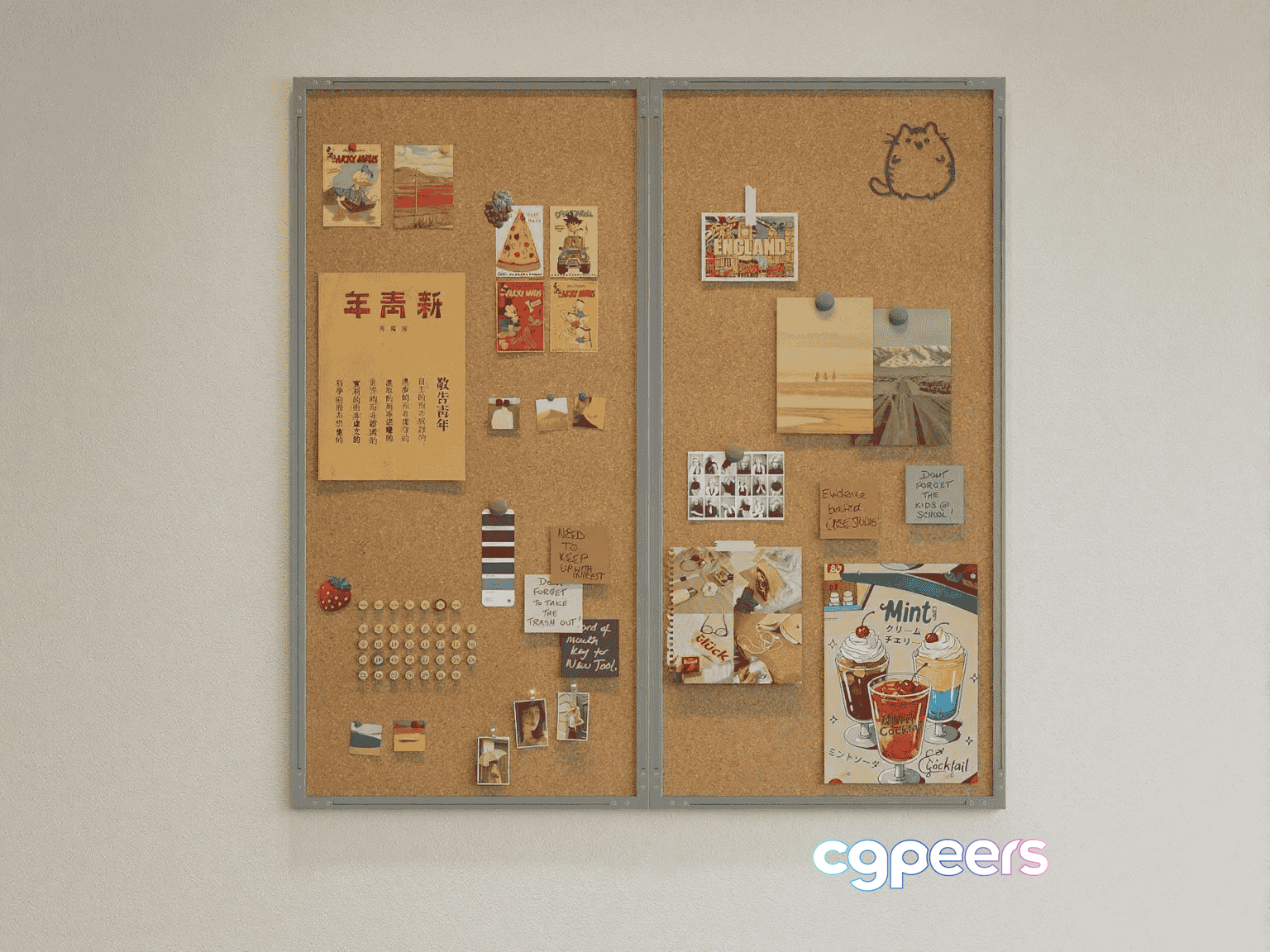 A Bulletin Board With Various Items Pinned To It 3D Model - 14277 - VRAY Render A Bulletin Board With Various Items Pinned To It 3D Model - 14277 - VRAY Render