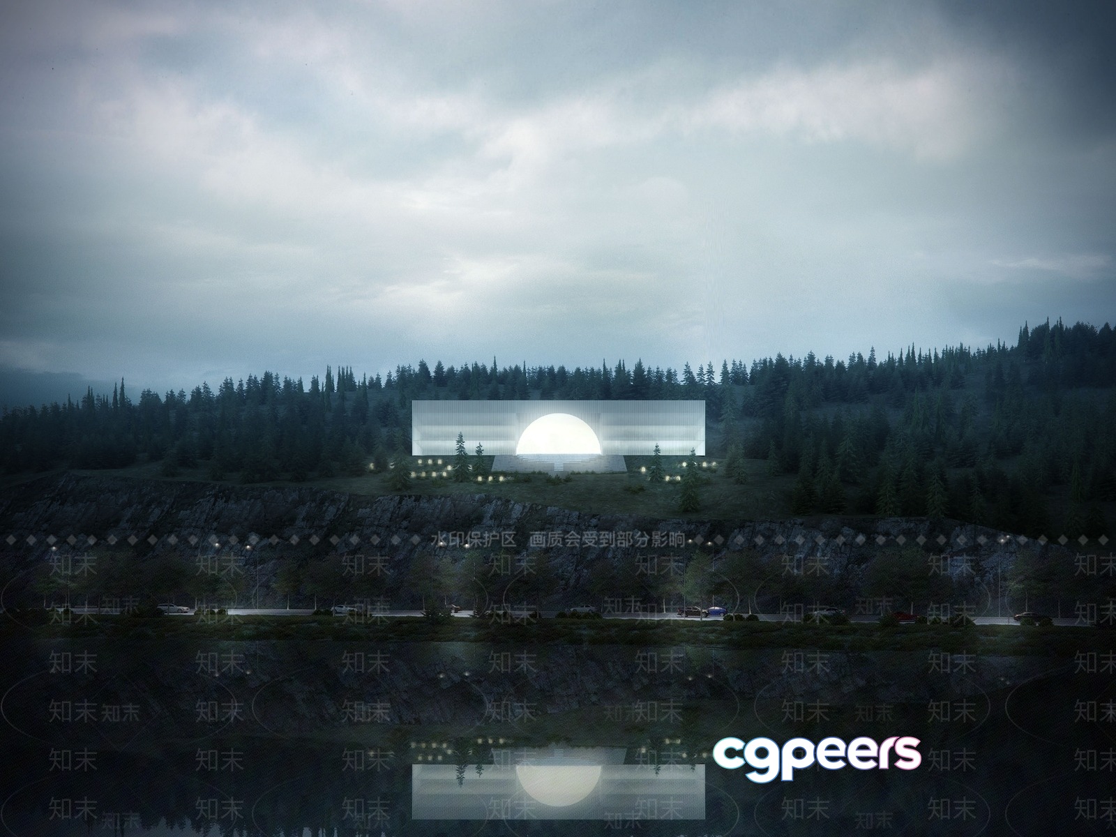 A Serene Landscape With A Large White Sun Surrounded By Trees And A Road 3D Model - 17124 - VRAY Render