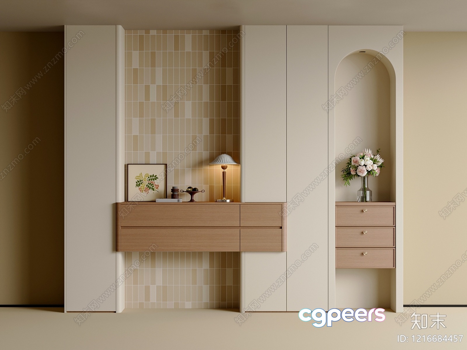 Modern Beige Wall With Cabinets And Drawers 3D Model - 15333 - VRAY Render