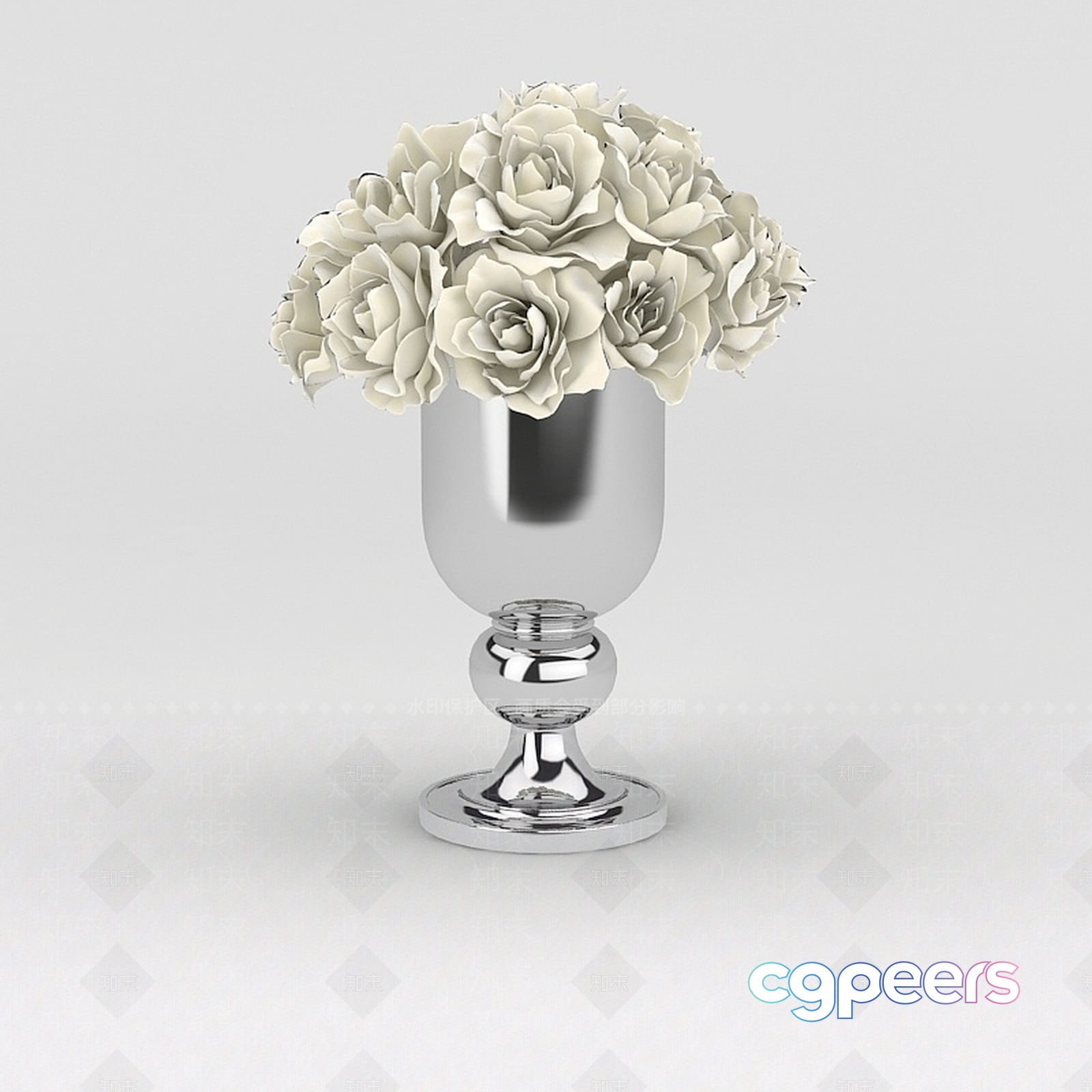 A Silver Vase With White Roses 3D Model - 12270 - VRAY Render