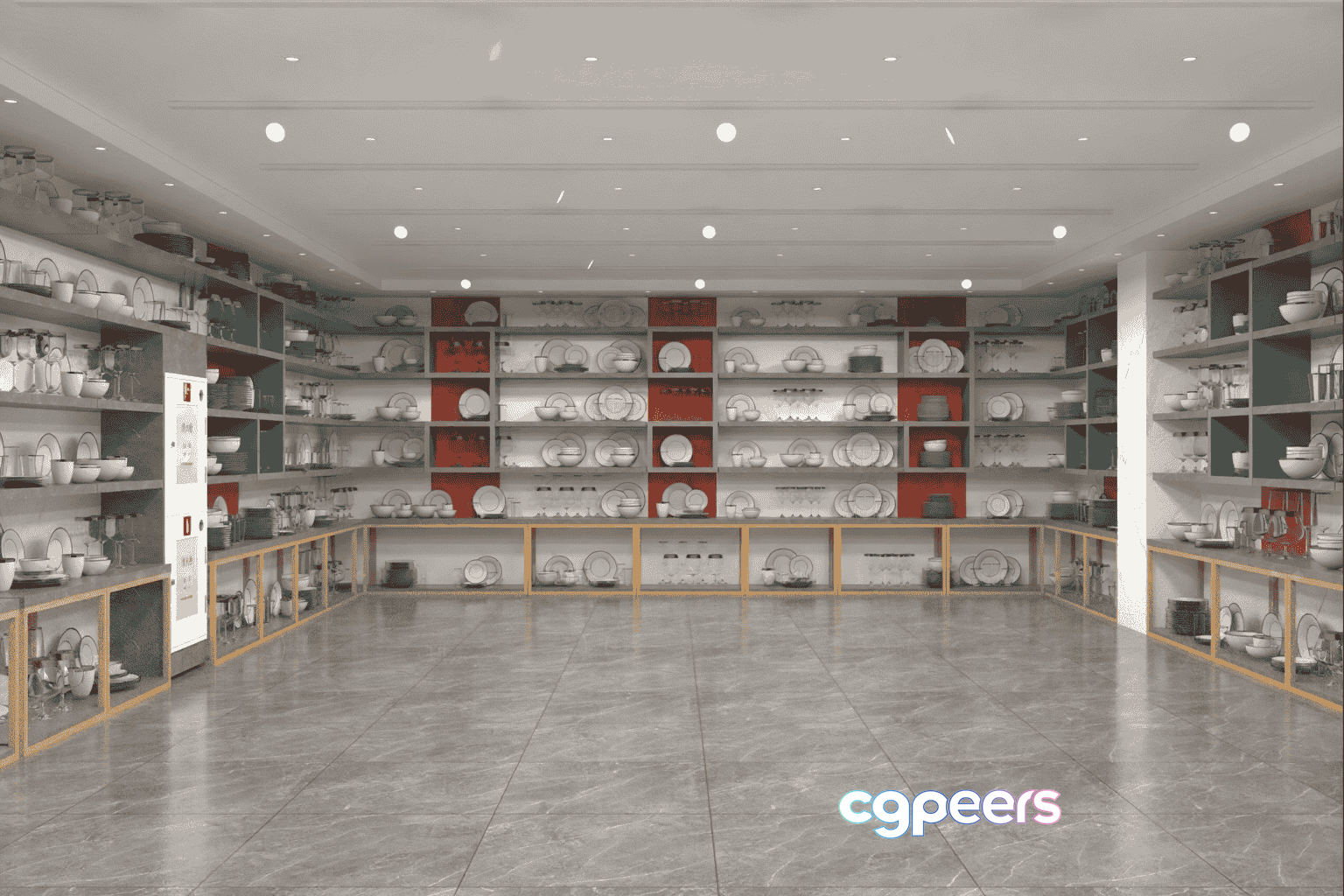 A Large Empty Room With Shelves Full Of Dishes 3D Model - 11081 - VRAY Render