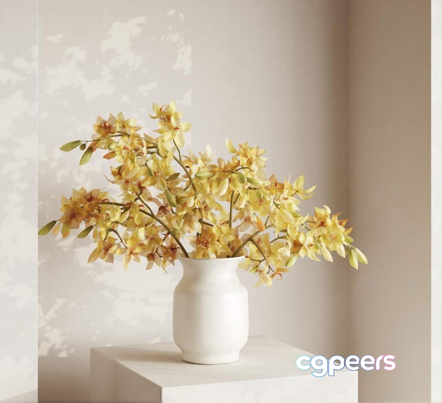 White Vase With Yellow Flowers 3D Model - 2406 - VRAY Render