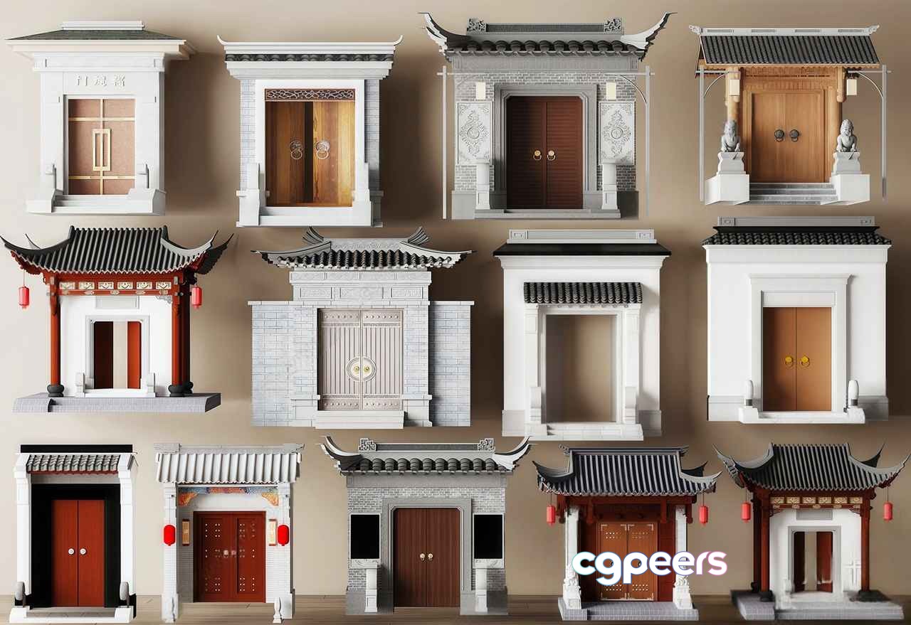 A Collection Of Miniature Asian-Style Doors And Windows 3D Model - 17184 - VRAY Render