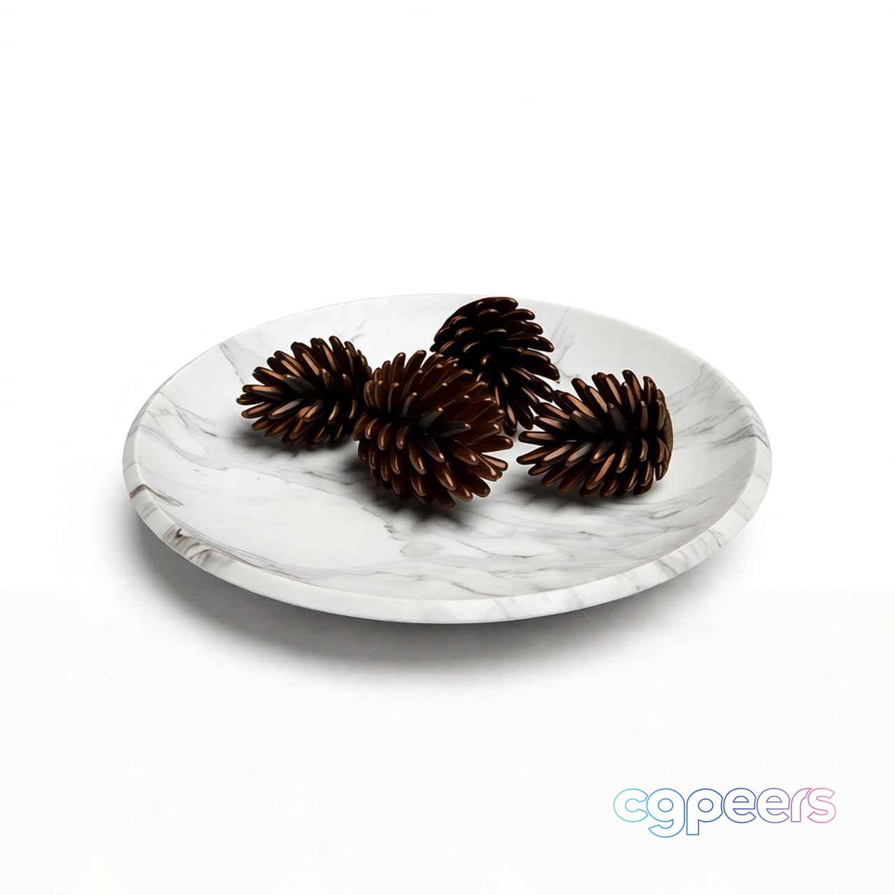 White Marble Plate With Pine Cones 3D Model - 6154 - VRAY Render