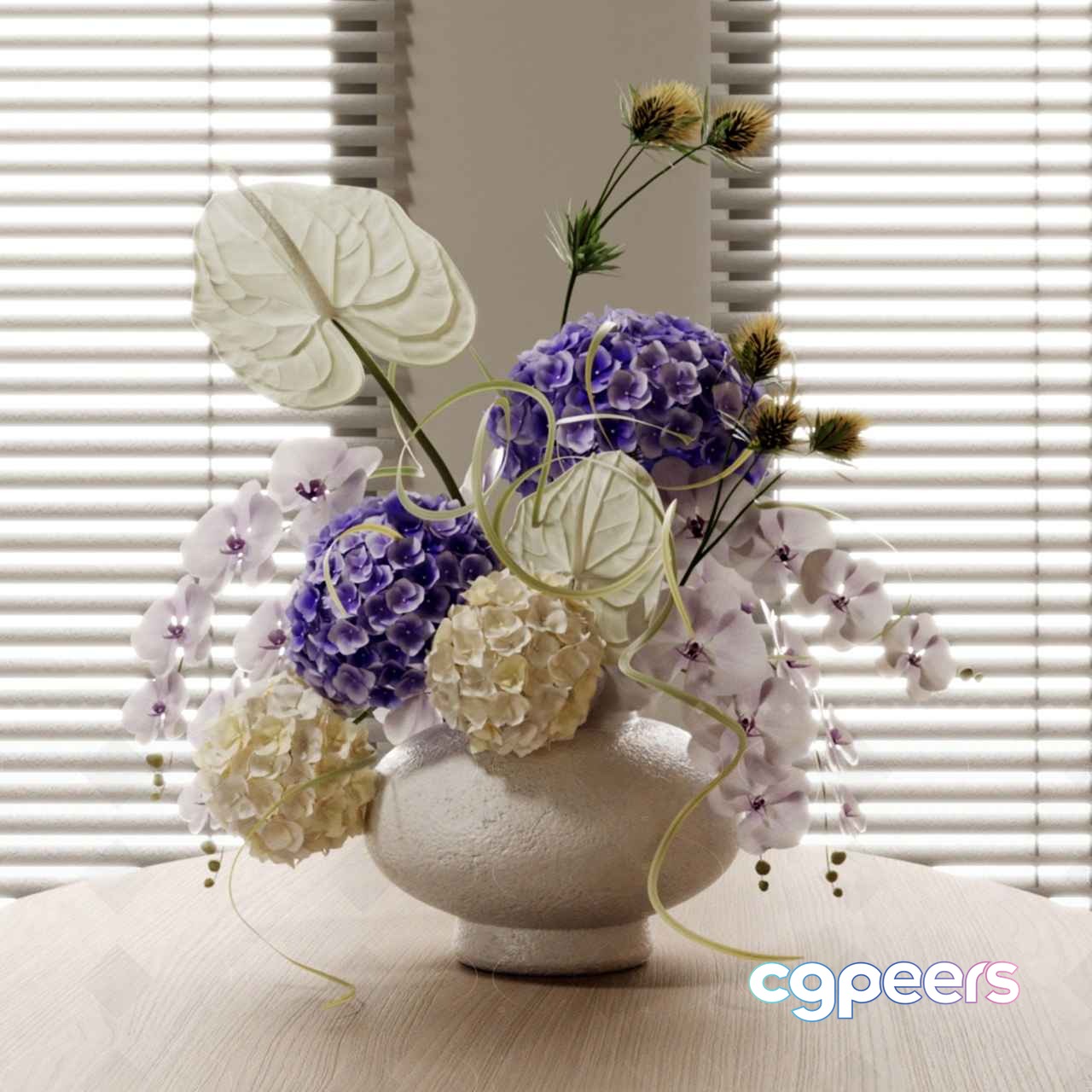 A White Vase With Purple And White Flowers 3D Model - 920 - VRAY Render A White Vase With Purple And White Flowers 3D Model - 920 - VRAY Render