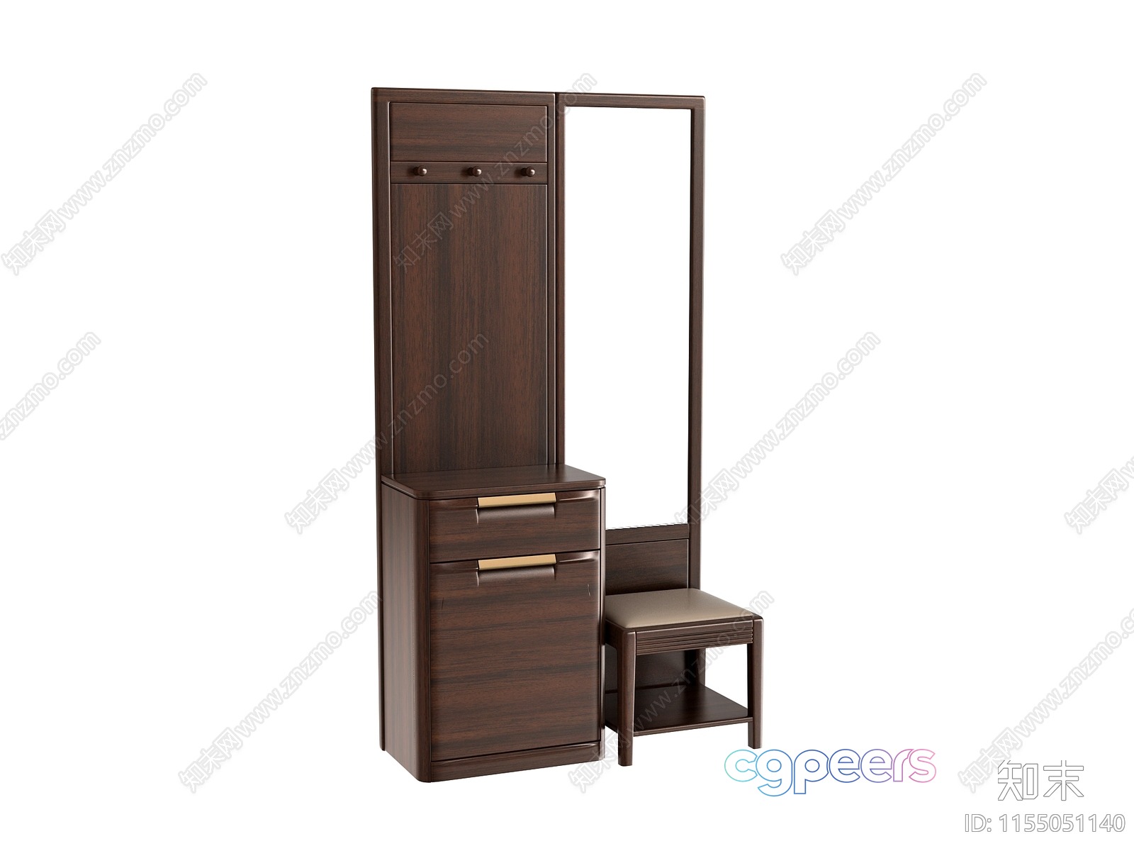 A Dark Brown Wooden Dresser With A Mirror And A Small Chair 3D Model - 14977 - VRAY Render