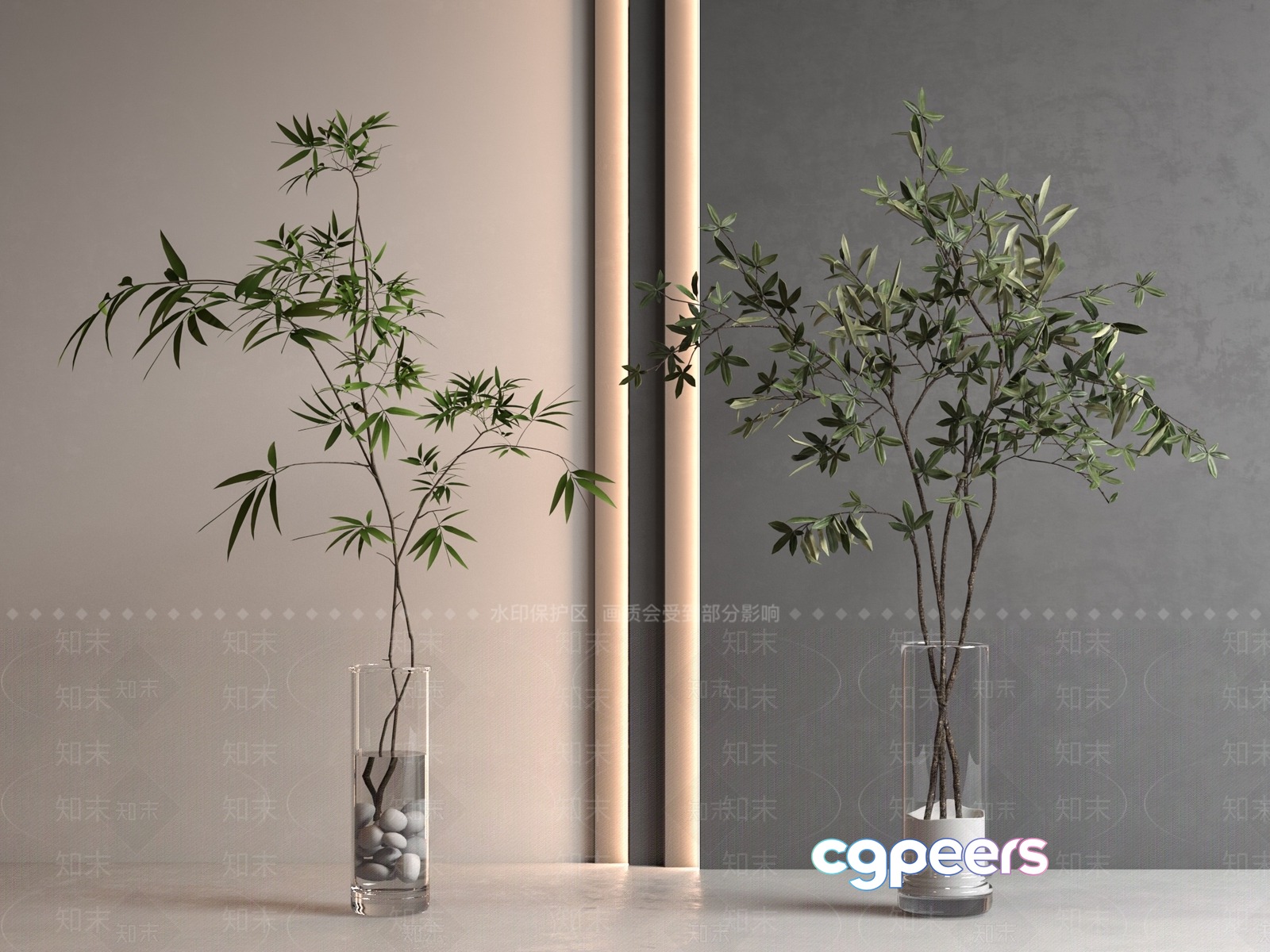 Two Potted Plants In Glass Vases 3D Model - 1630 - VRAY Render Two Potted Plants In Glass Vases 3D Model - 1630 - VRAY Render