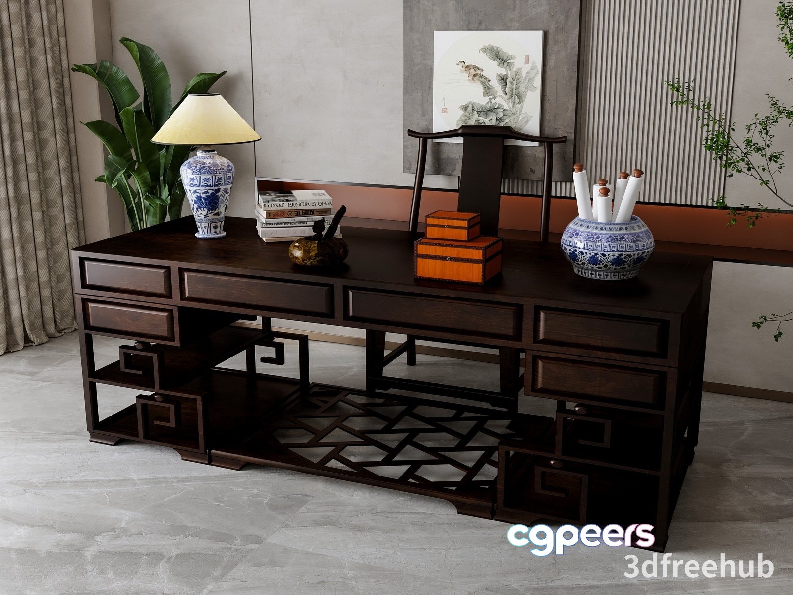 A Dark Wood Desk With Asian-Inspired Decor 3D Model - 22030 - VRAY Render