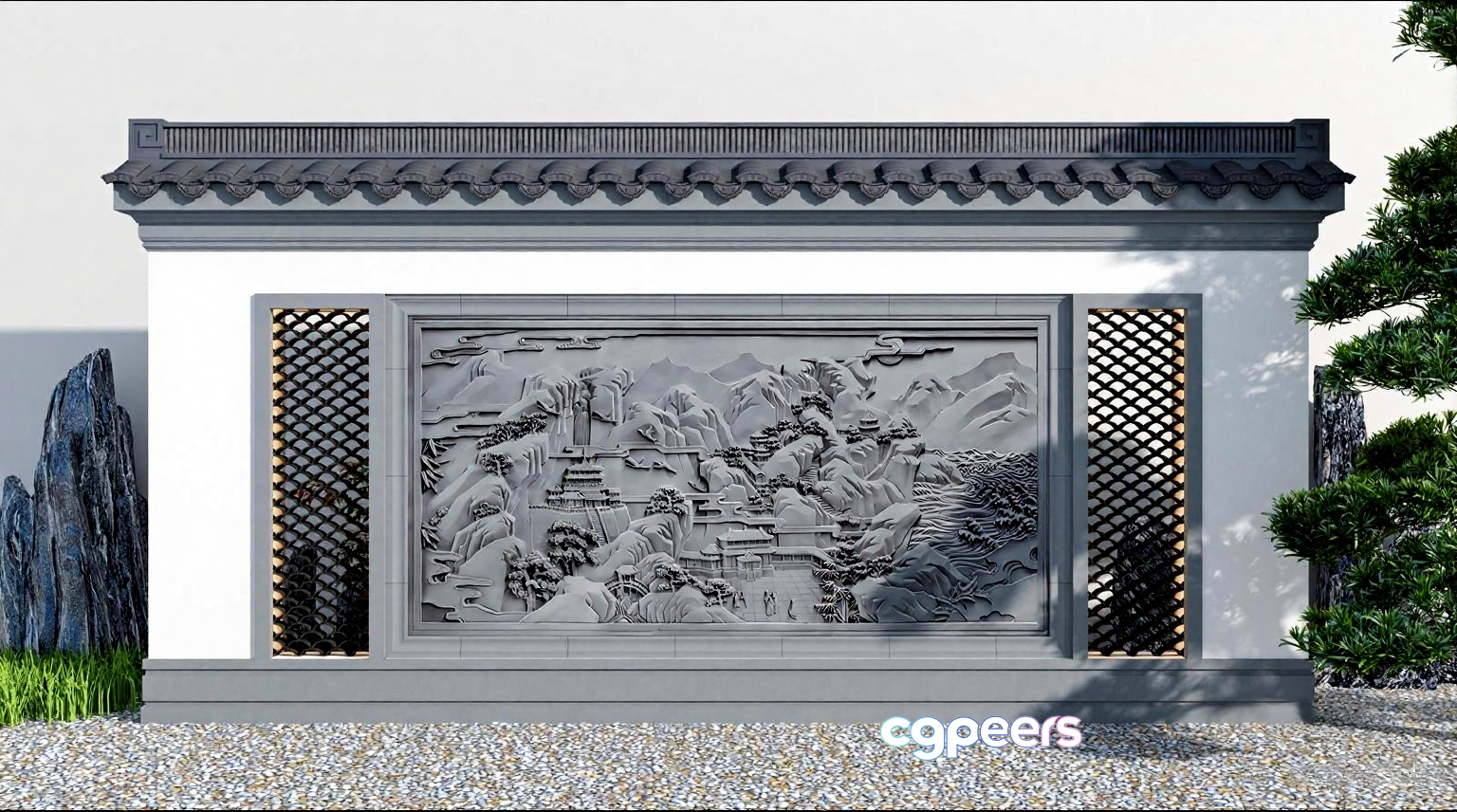 The Main Subject Is A Gray Wall With A Relief Sculpture 3D Model - 22326 - VRAY Render