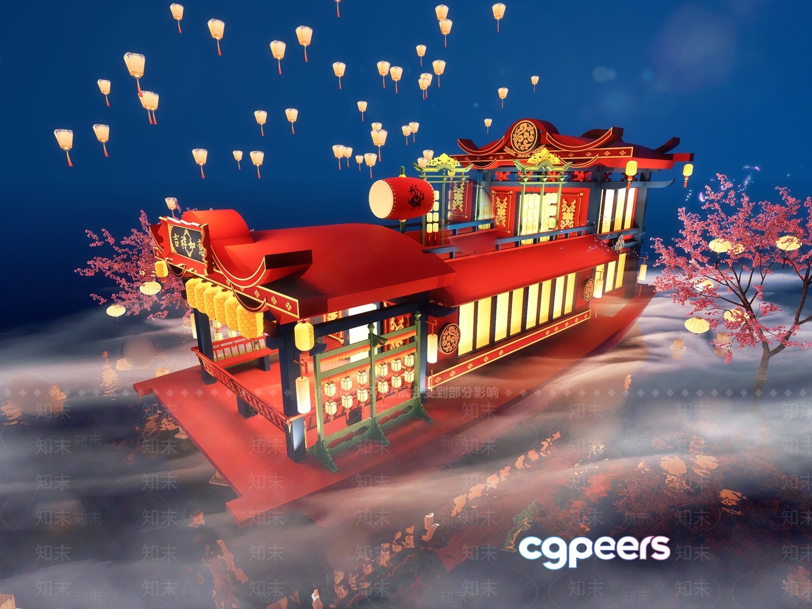A Chinese-Style Building With Red And Yellow Accents 3D Model - 16392 - VRAY Render