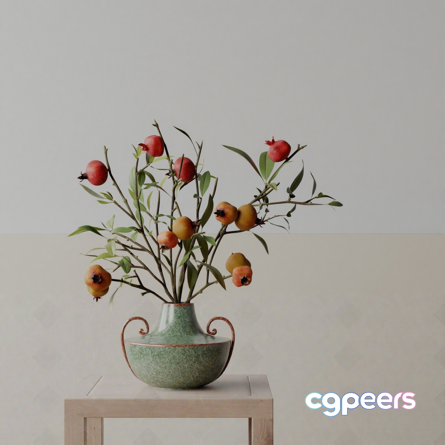 A Vase With Fruit And Leaves 3D Model - 10270 - VRAY Render A Vase With Fruit And Leaves 3D Model - 10270 - VRAY Render