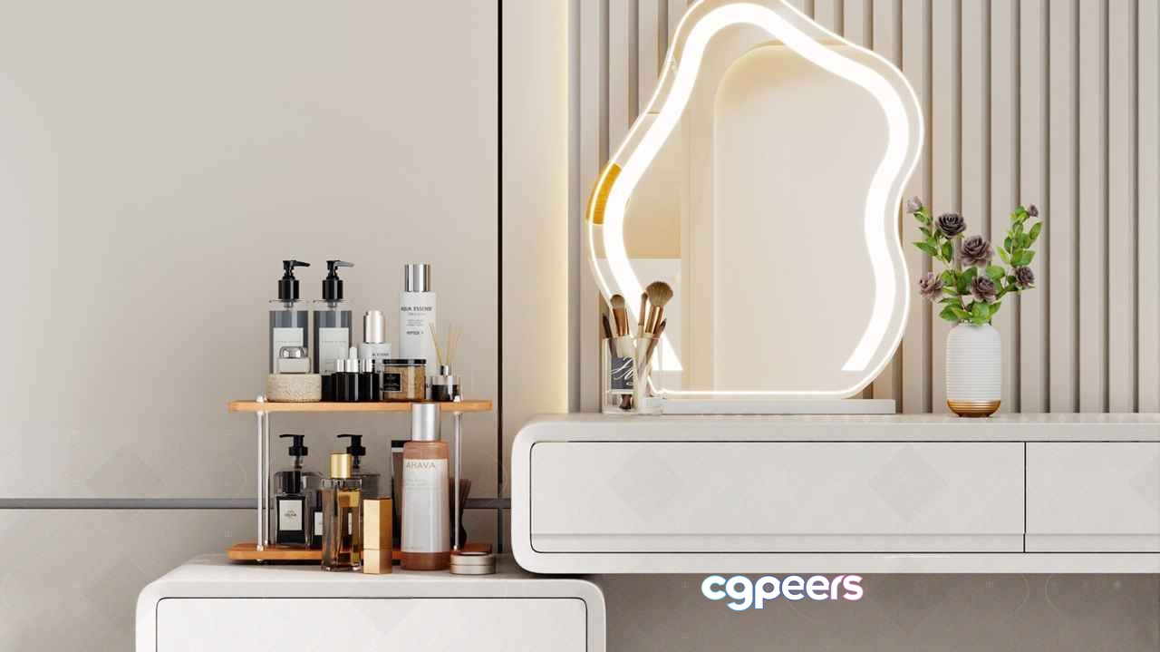 A White Vanity Table With A Mirror 3D Model - 6552 - VRAY Render A White Vanity Table With A Mirror 3D Model - 6552 - VRAY Render