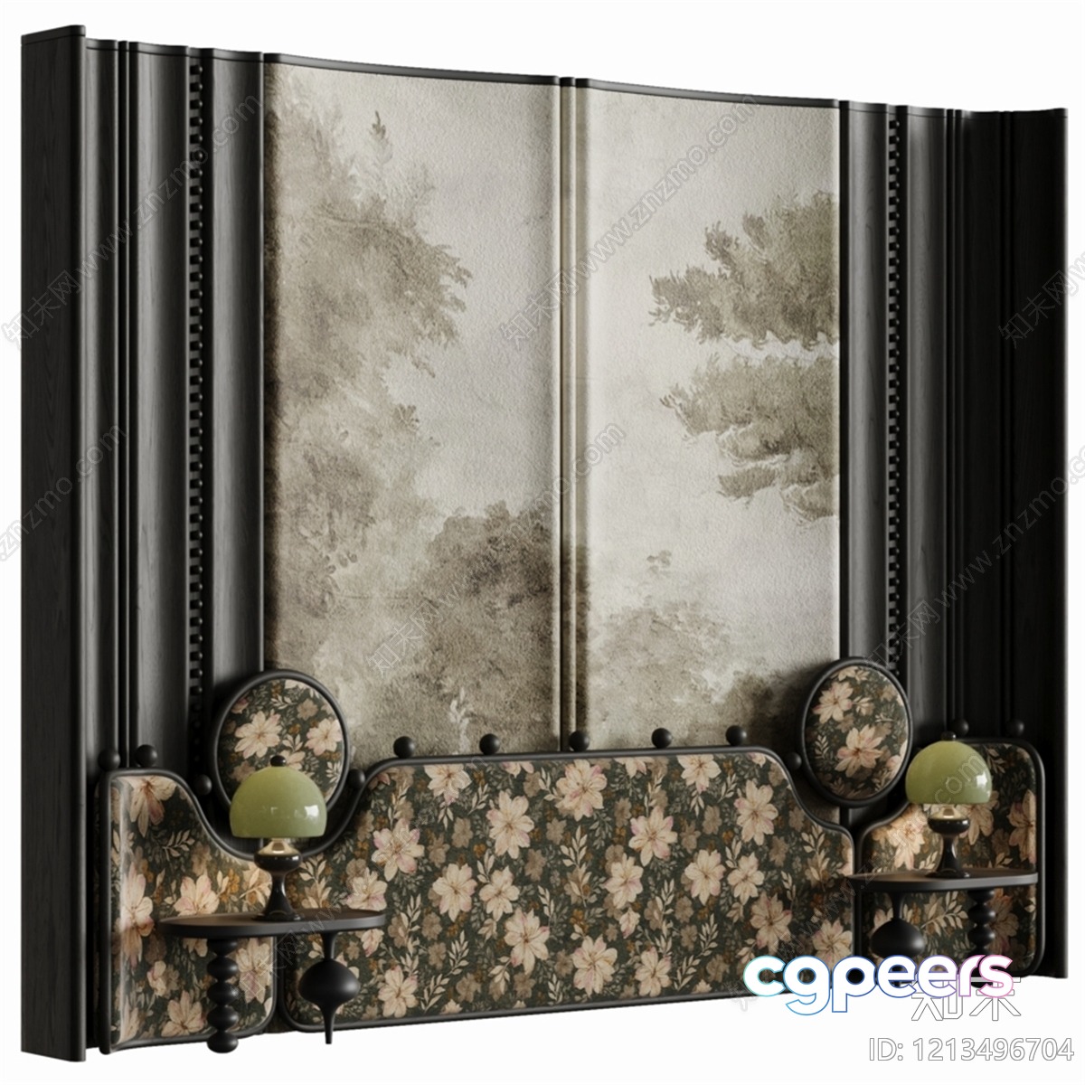 A Floral Headboard With Two Nightstands 3D Model - 9541 - VRAY Render