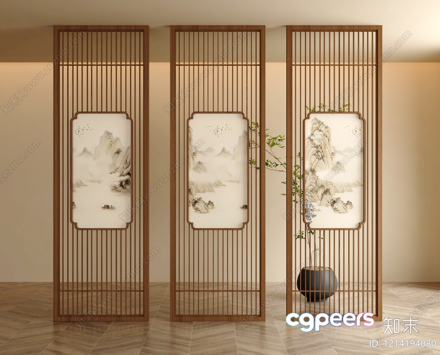 Three Tall Wooden Screens With Paintings Of Mountains On Them 3D Model - 6601 - VRAY Render