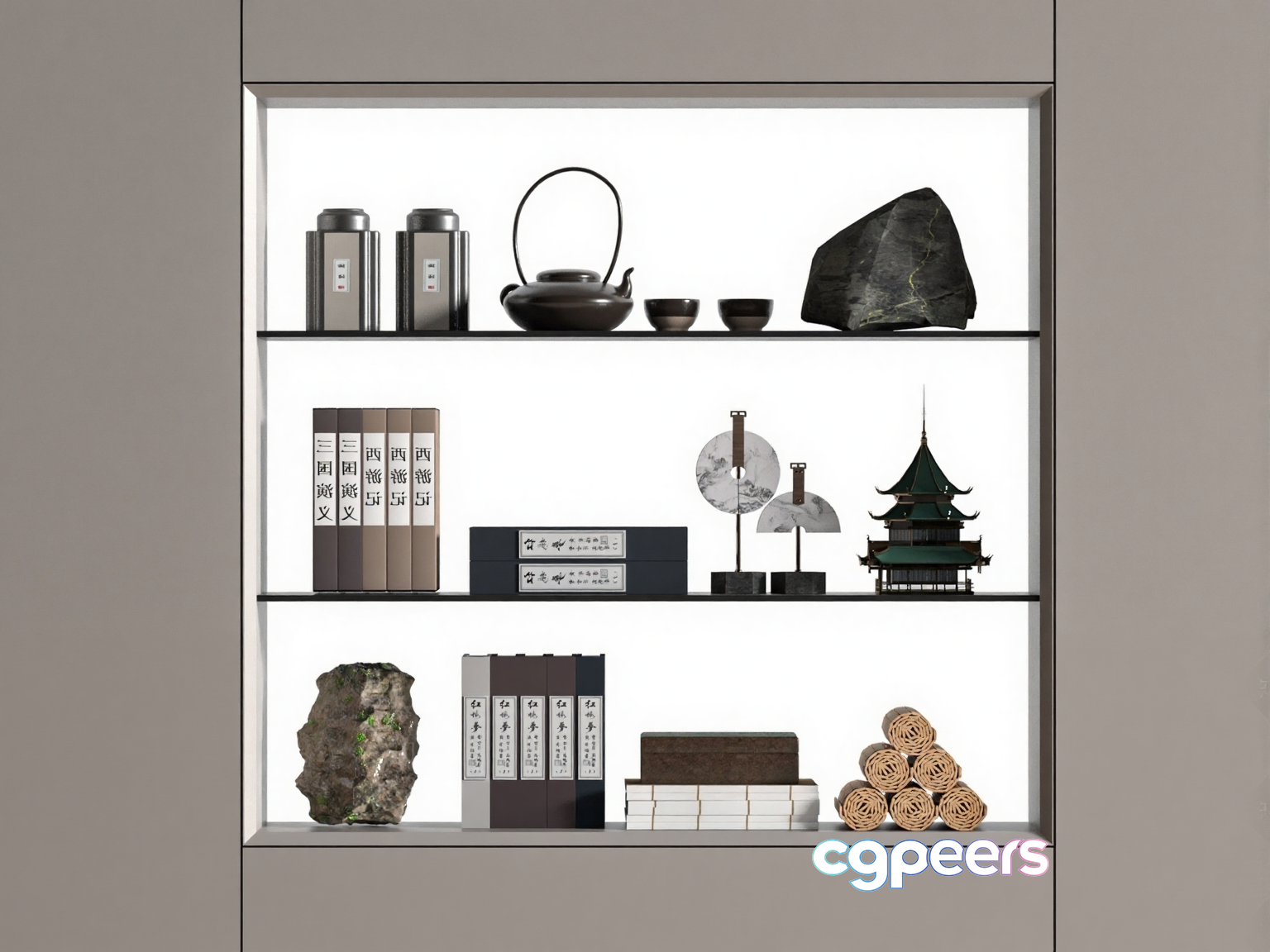 Asian Decorated Shelves 3D Model - 13578 - VRAY Render Asian Decorated Shelves 3D Model - 13578 - VRAY Render