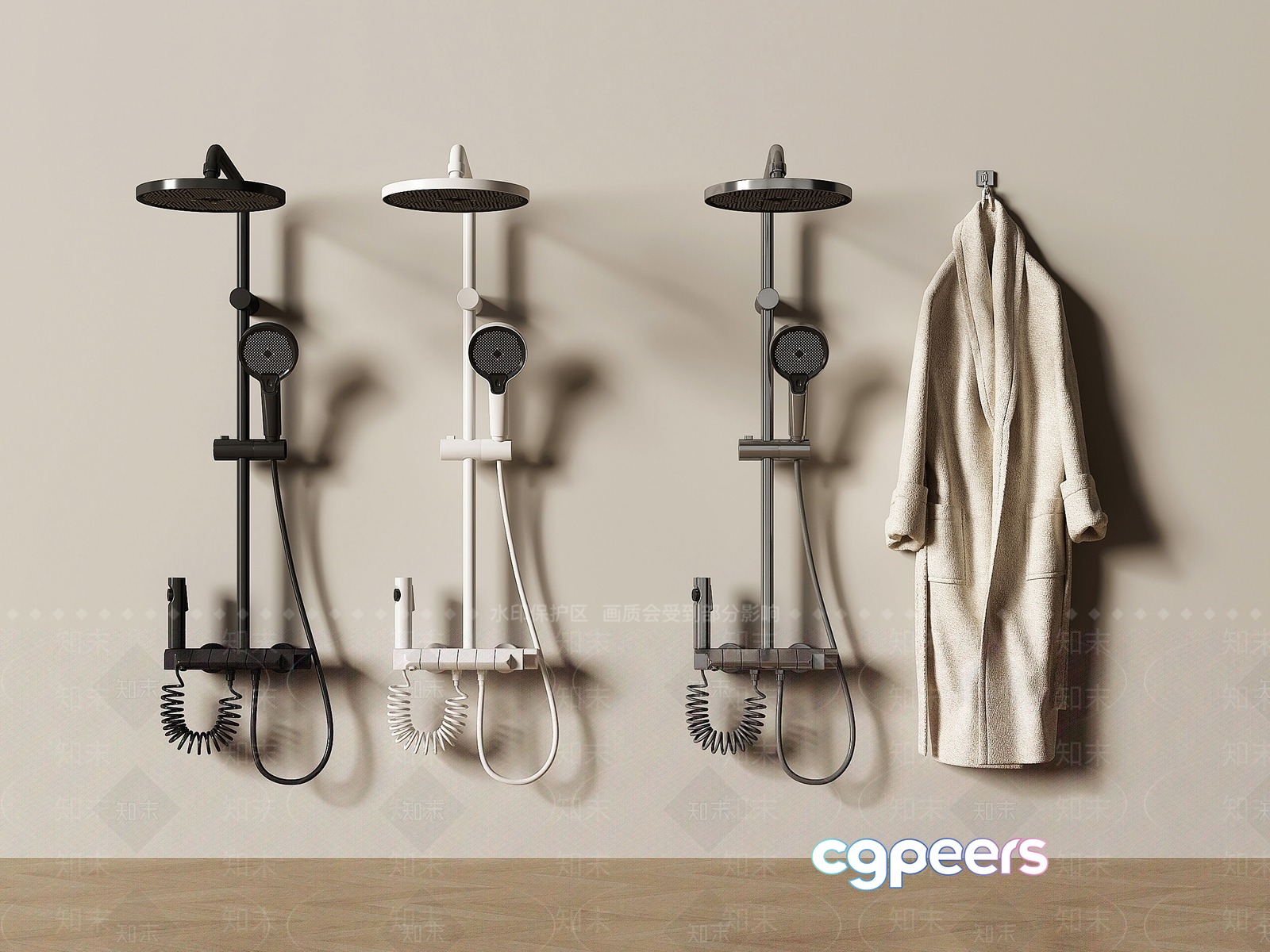 Three Shower Heads And A Robe 3D Model - 3236 - VRAY Render
