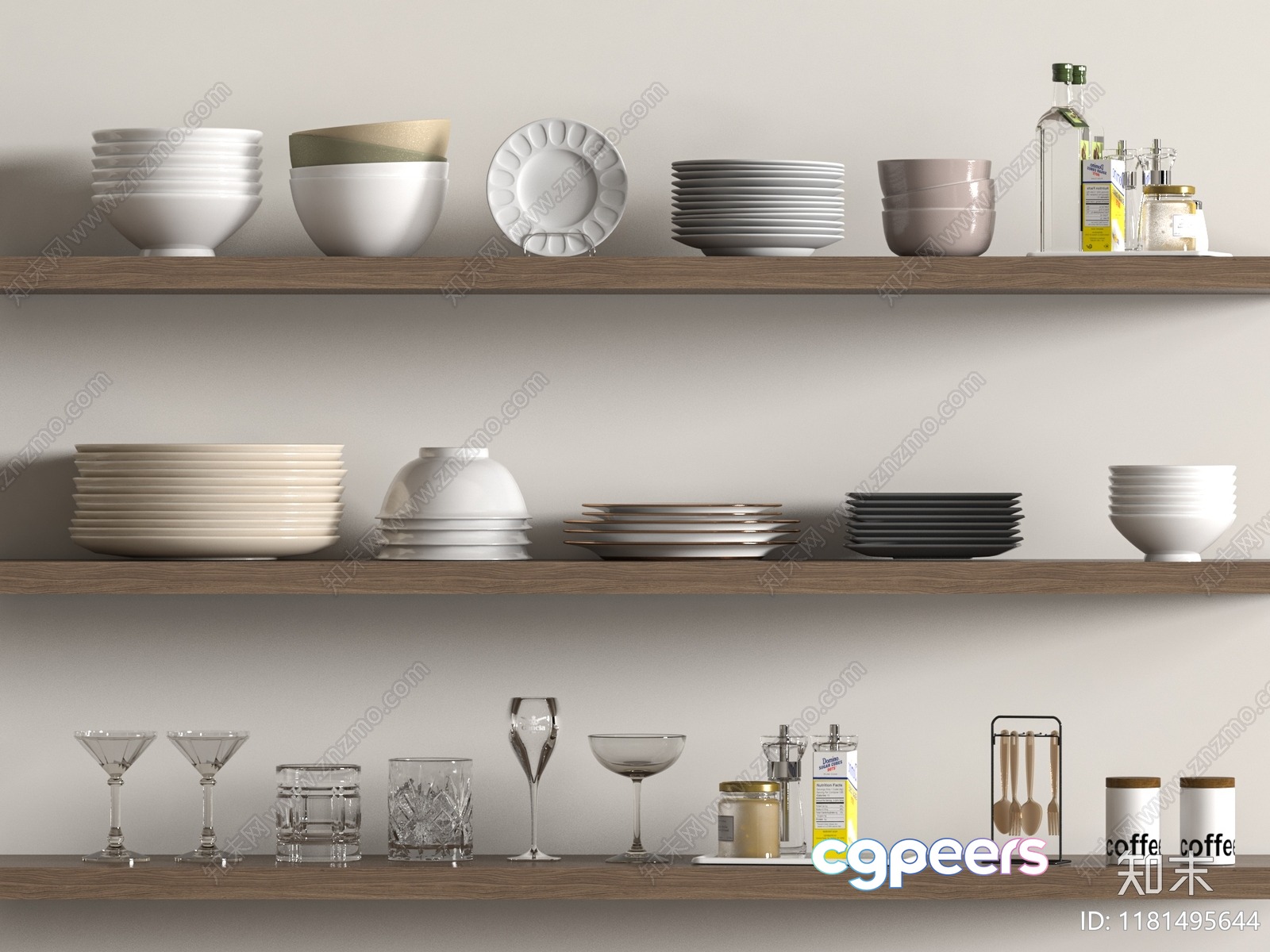 Three-Tiered Wooden Shelf With Dishes And Glasses 3D Model - 20705 - VRAY Render