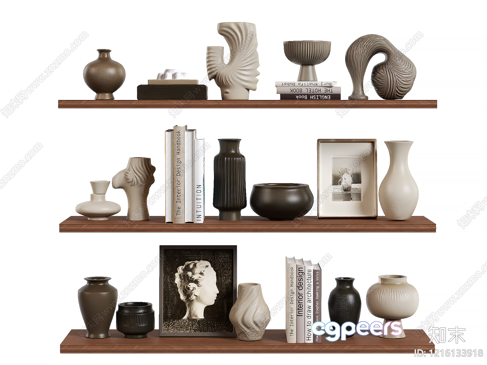 A Shelf With Books And Vases 3D Model - 11360 - VRAY Render