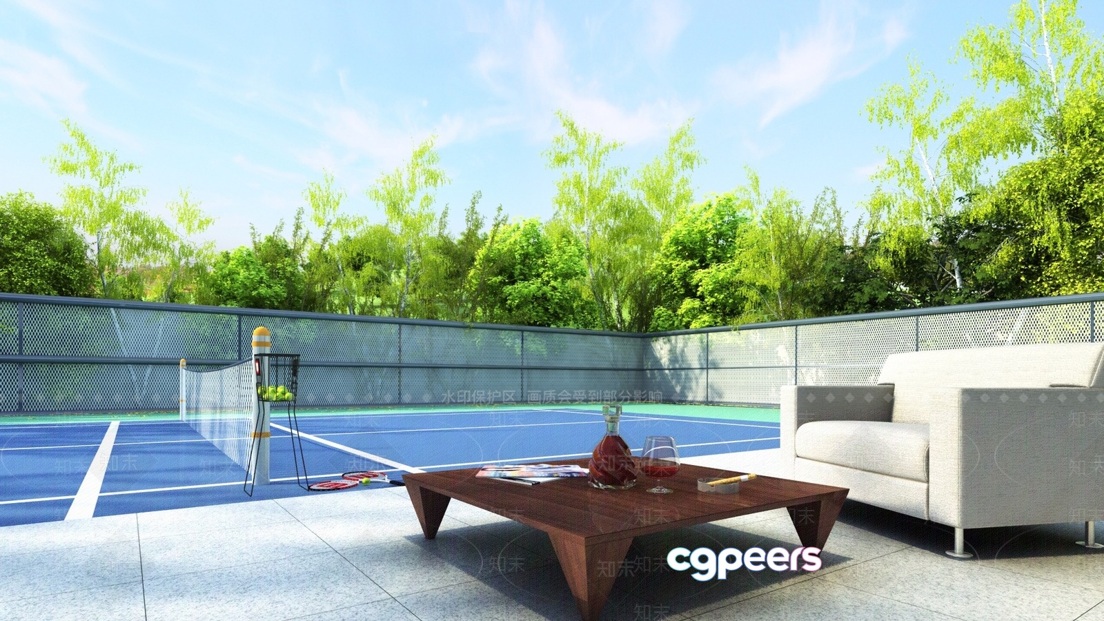 A Tennis Court With A Table And Couch 3D Model - 14436 - VRAY Render