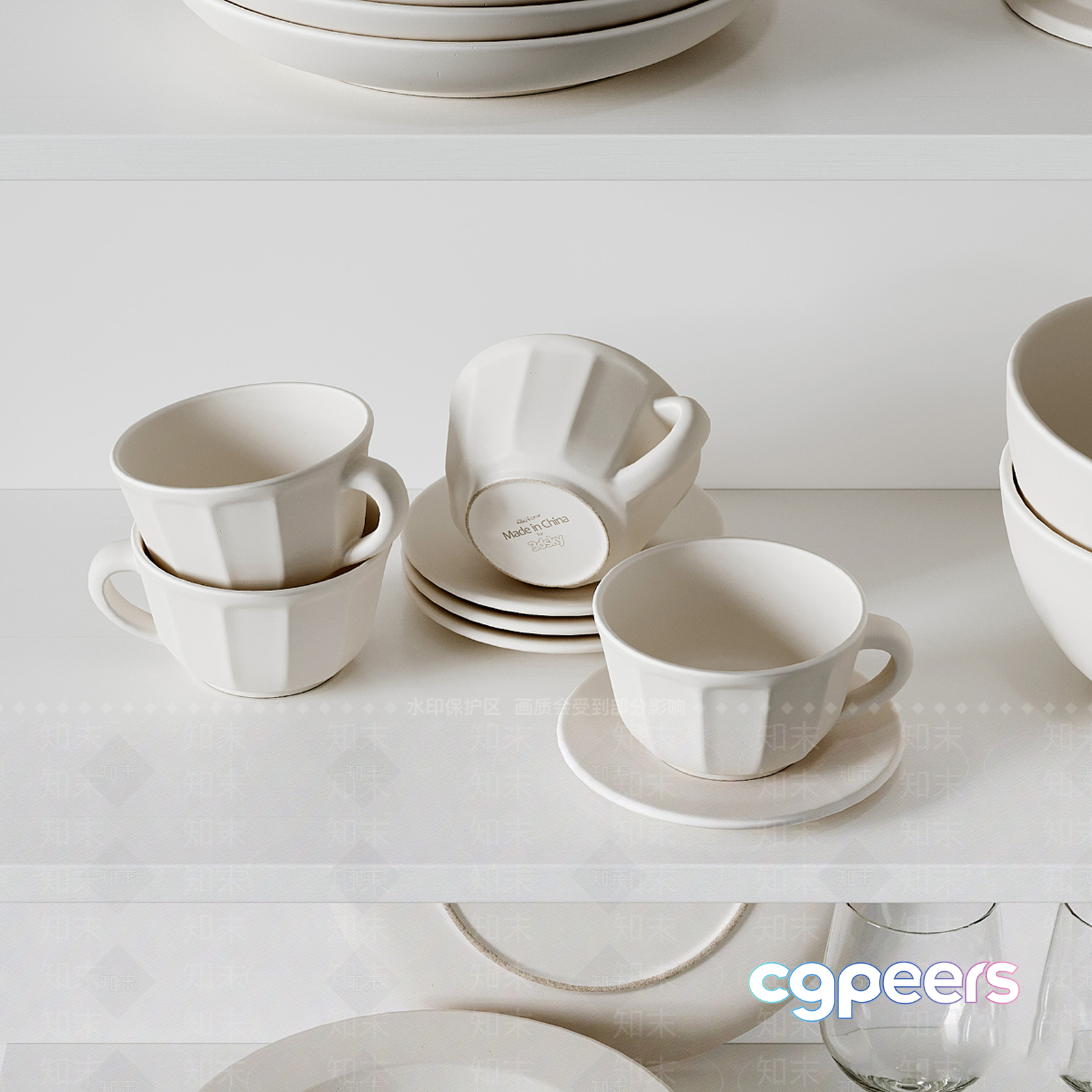 White Ceramic Cups And Saucers 3D Model - 17730 - VRAY Render