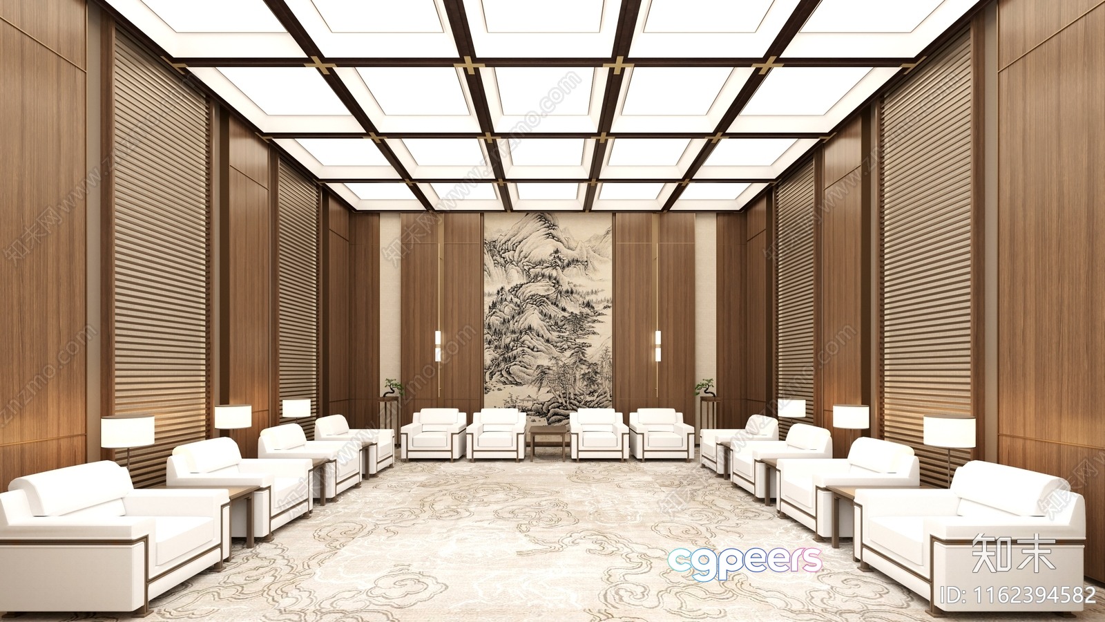 A Large Room With A High Ceiling Featuring A Patterned Rug And Several 3D Model - 16662 - CORONA Render