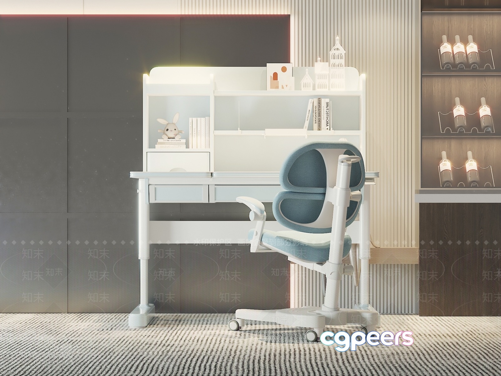 A White Desk With A Blue Chair 3D Model - 9650 - VRAY Render A White Desk With A Blue Chair 3D Model - 9650 - VRAY Render