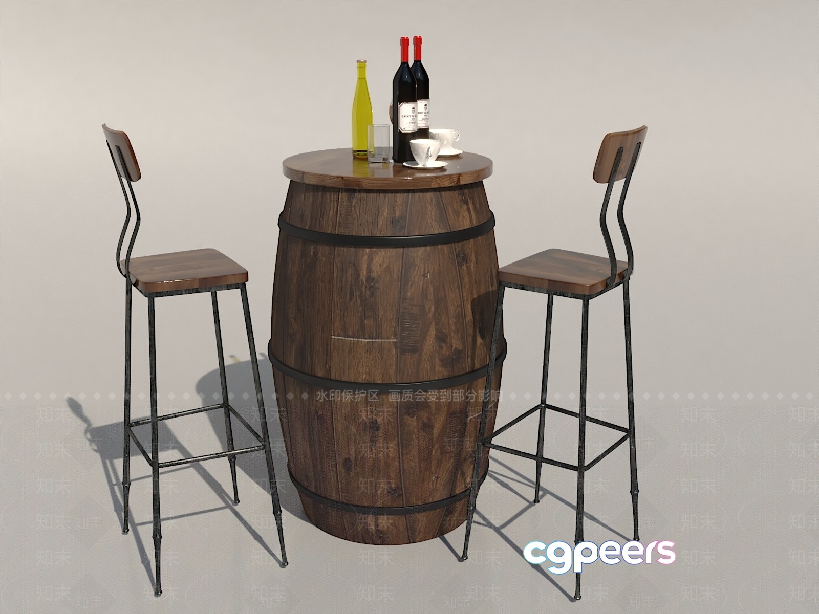 A Wooden Barrel With Two Stools 3D Model - 6854 - VRAY Render A Wooden Barrel With Two Stools 3D Model - 6854 - VRAY Render