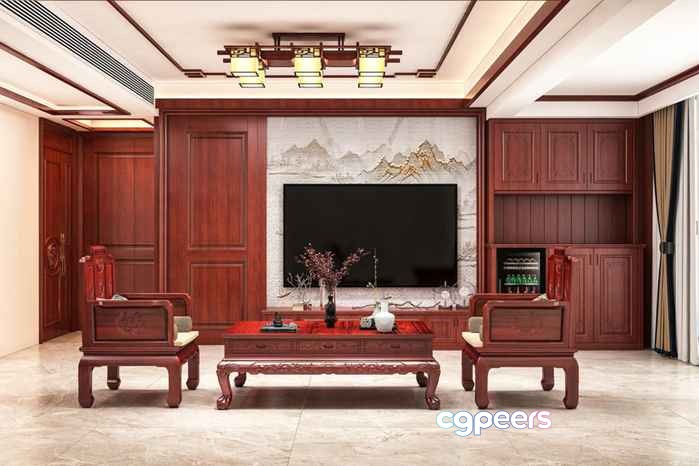 Traditional Asian Living Room 3D Model - 8975 - VRAY Render