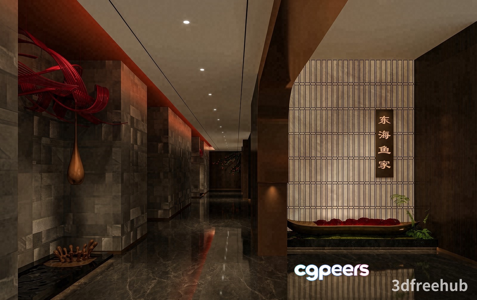 A Long Hallway With A Marble Floor And A Wall Featuring A Red Sculpture And 3D Model - 21976 - VRAY Render
