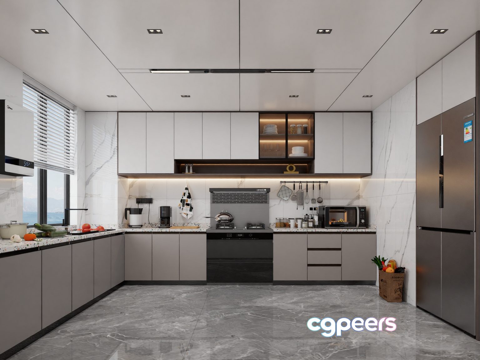 Modern Kitchen Layout 3D Model - 21364 - VRAY Render