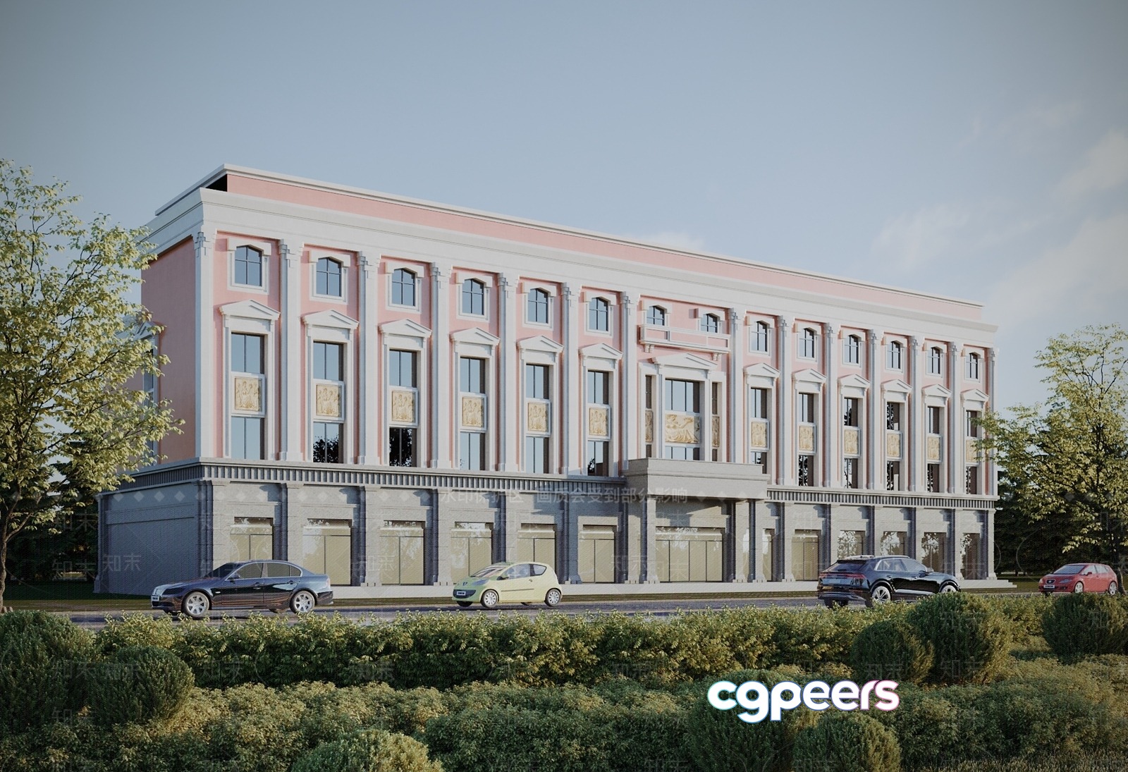 A Large Building With A Pink And White Facade 3D Model - 5777 - VRAY Render