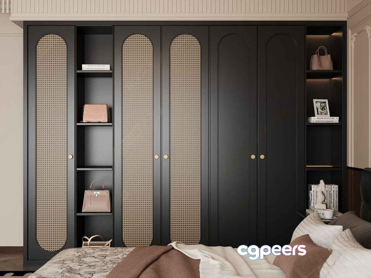 Black Wardrobe With Rattan Doors 3D Model - 173 - VRAY Render