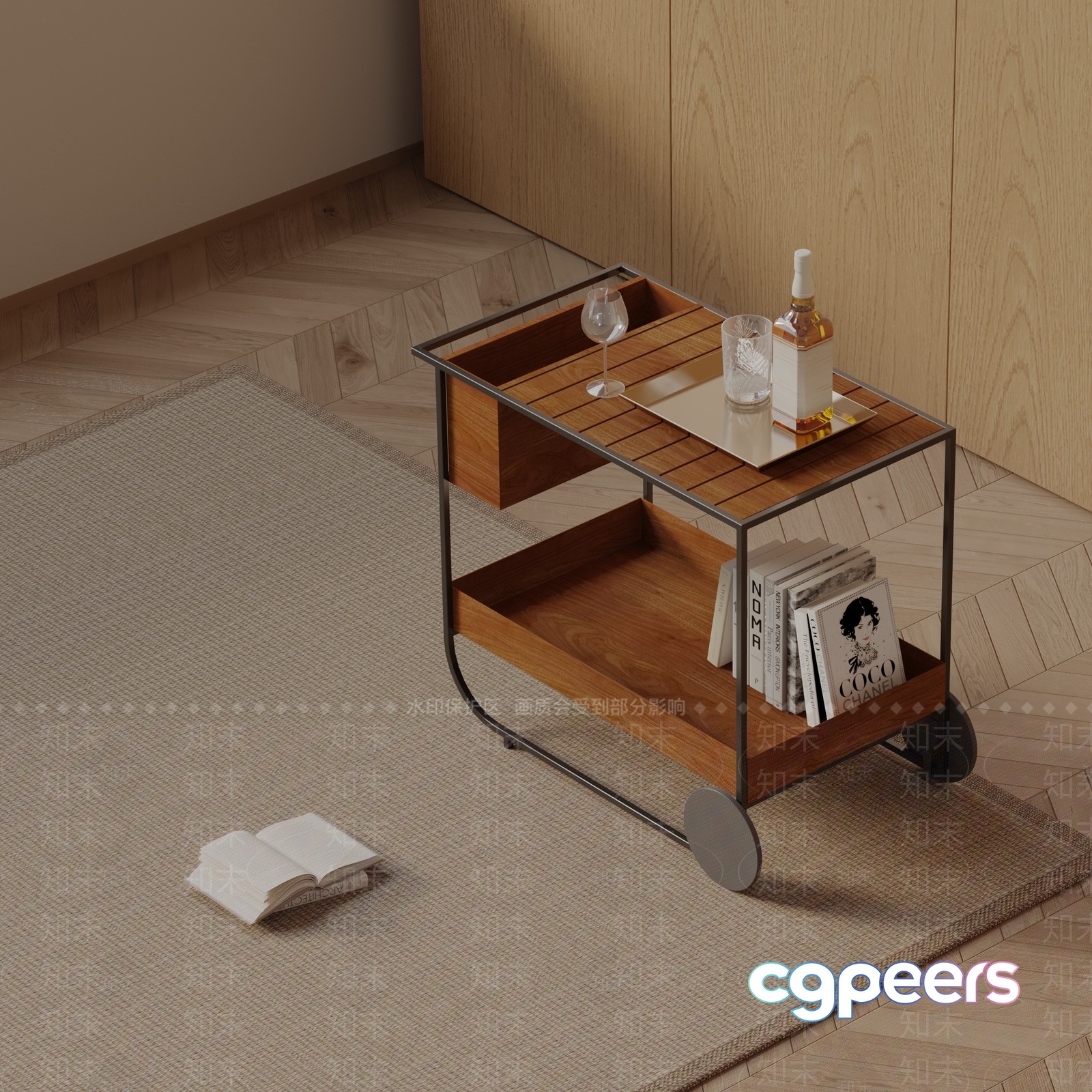 A Wooden Trolley Cart With Wheels 3D Model - 1049 - VRAY Render