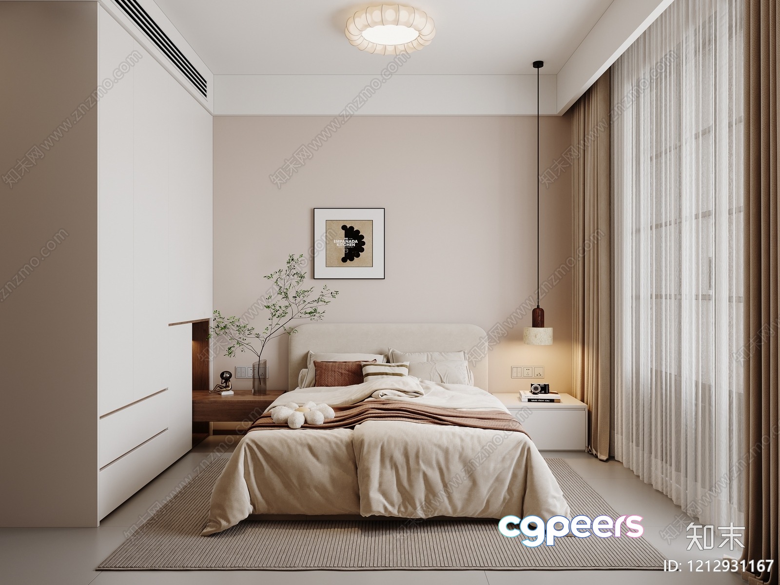 Cozy Neutral-Toned Bedroom 3D Model - 2428 - VRAY Render