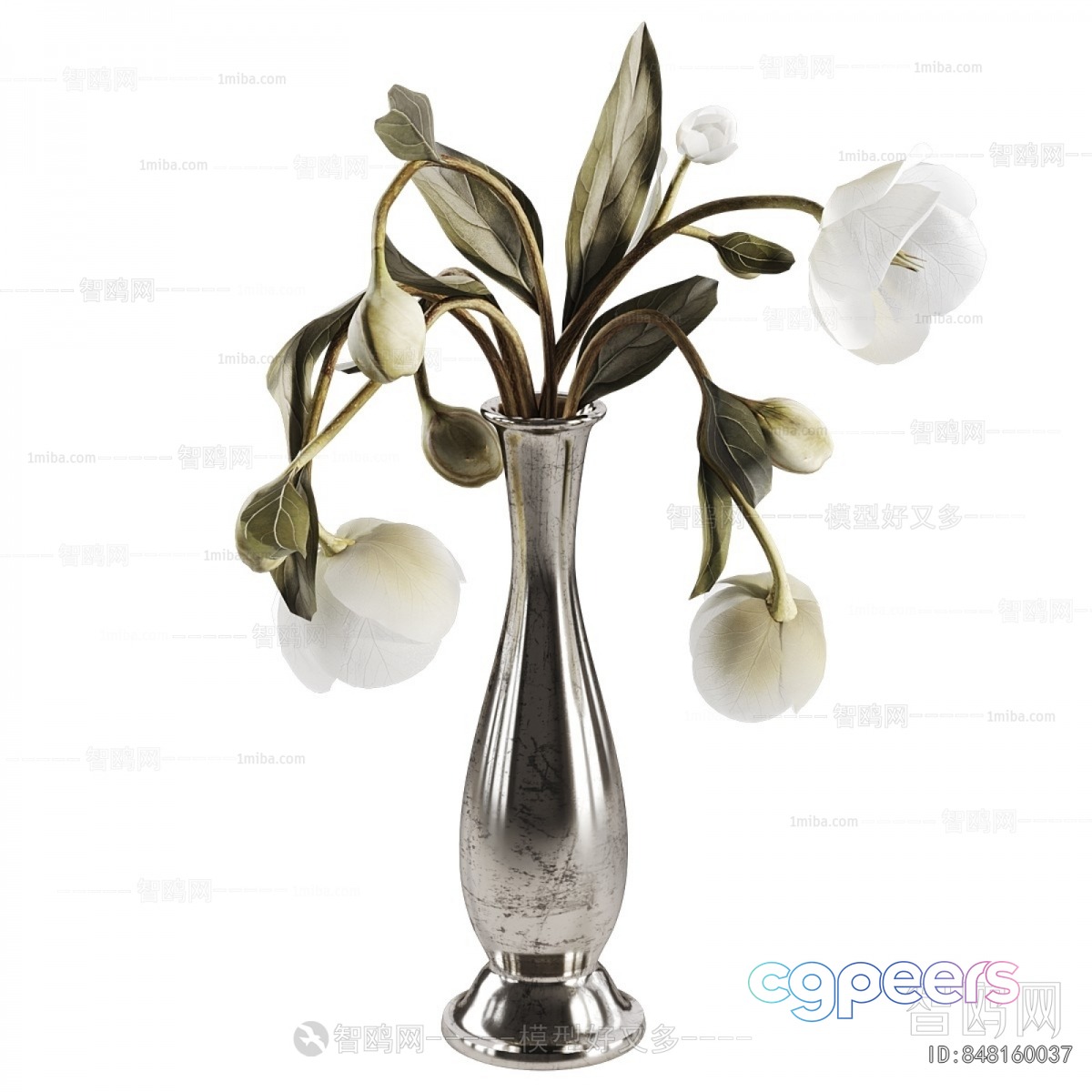 A Silver Vase With White Flowers 3D Model - 4517 - CORONA Render