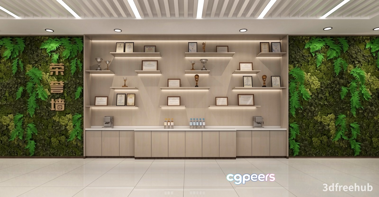 A Modern Office Reception Area With A Display Of Awards 3D Model - 20295 - VRAY Render A Modern Office Reception Area With A Display Of Awards 3D Model - 20295 - VRAY Render