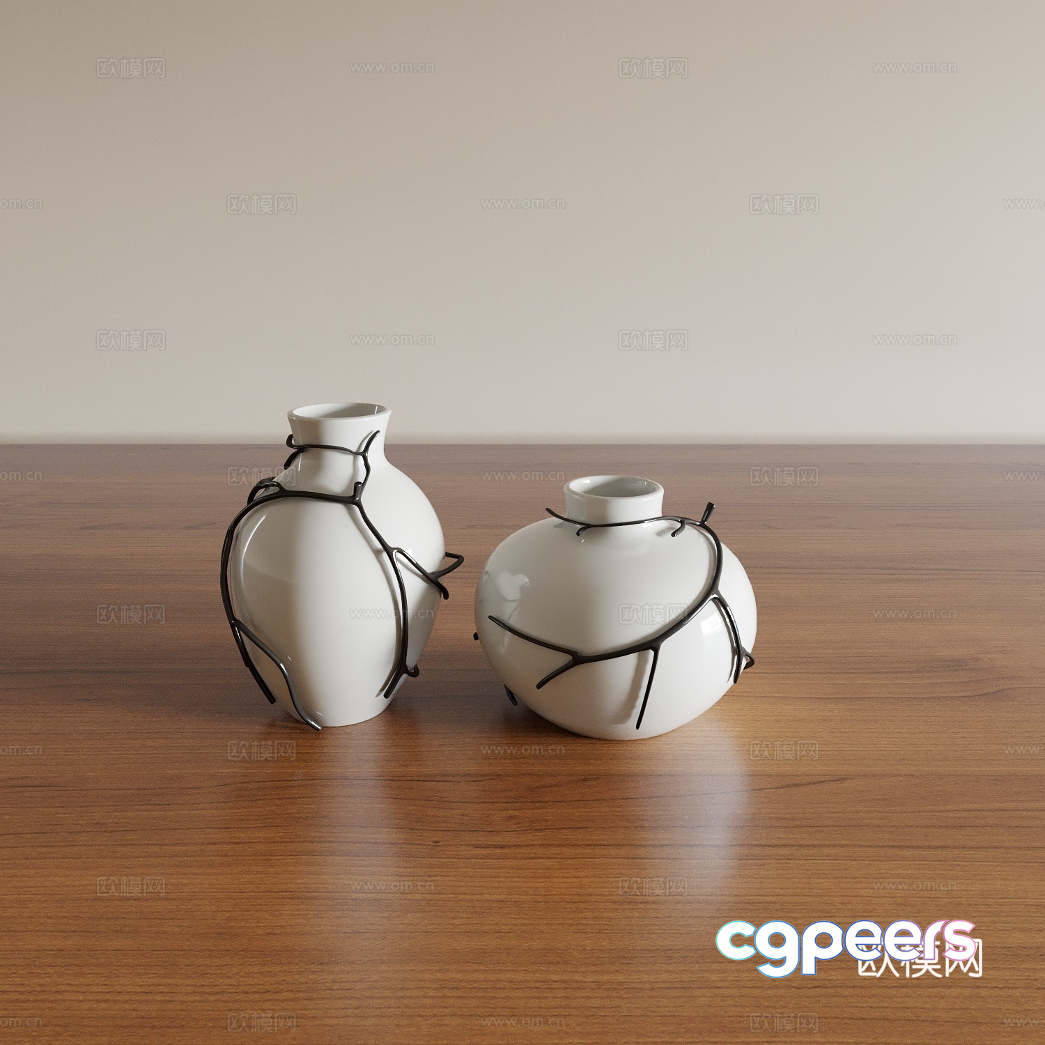 Two White Vases With Black Designs 3D Model - 21071 - VRAY Render