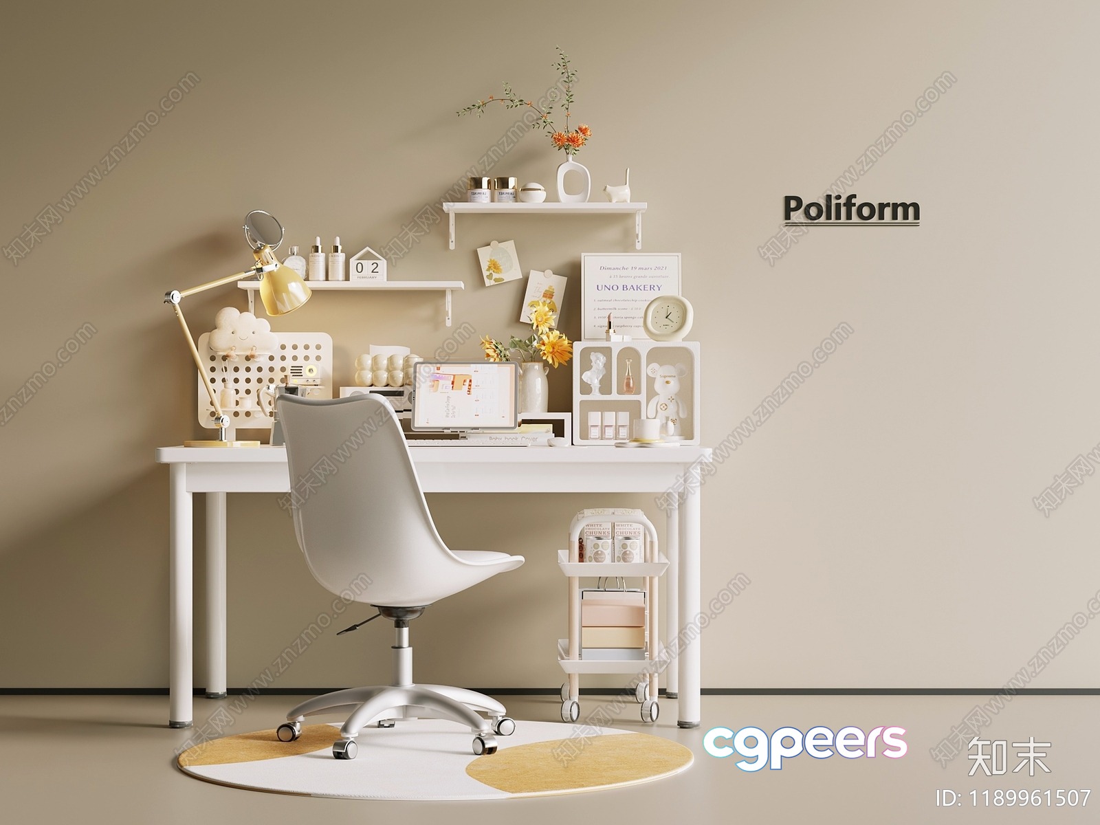 A White Desk With A White Chair 3D Model - 11560 - VRAY Render