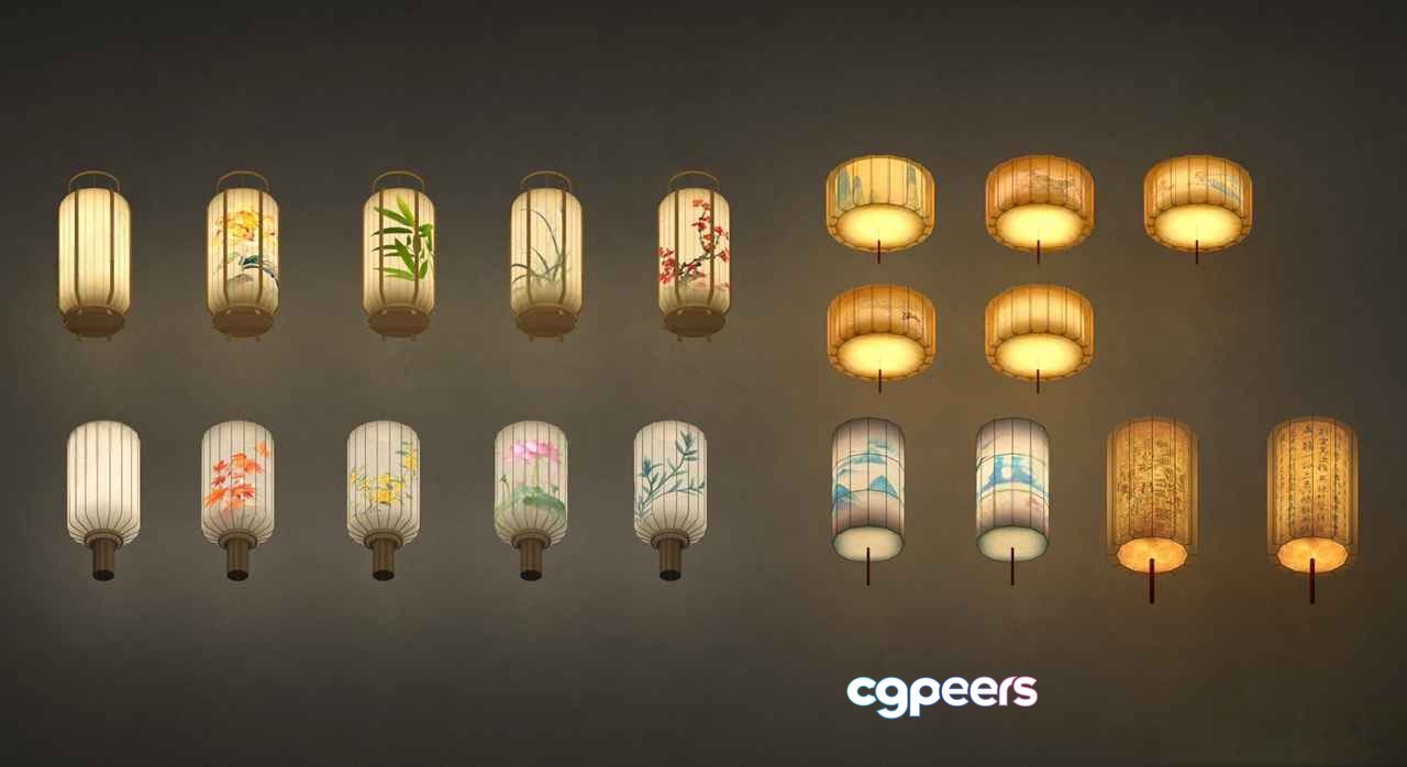 A Collection Of Asian-Style Lanterns 3D Model - 14102 - VRAY Render