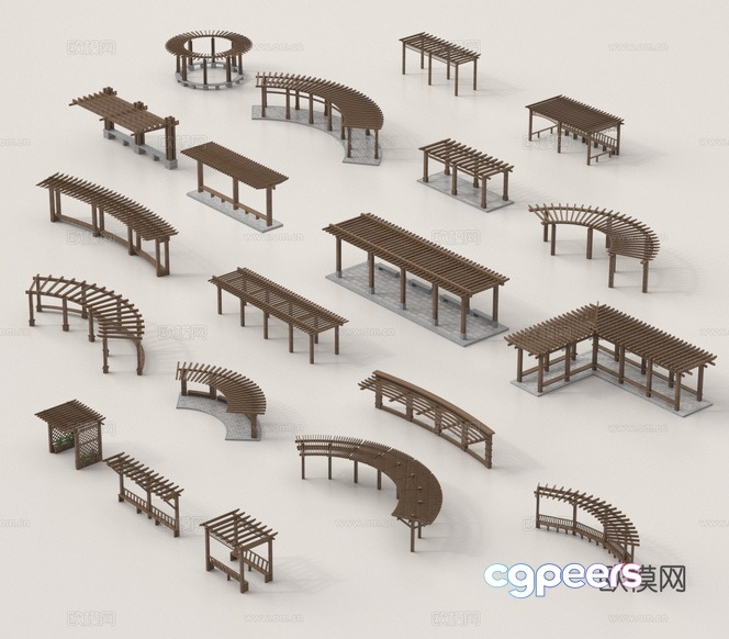 A Collection Of Wooden Pergolas 3D Model - 7038 - VRAY Render