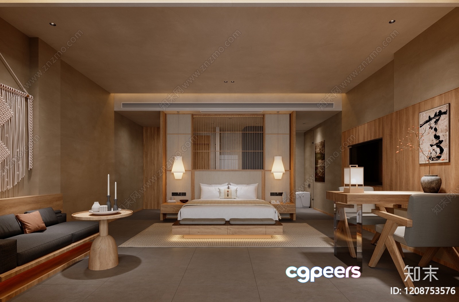 Modern Japanese-Inspired Bedroom 3D Model - 19135 - VRAY Render