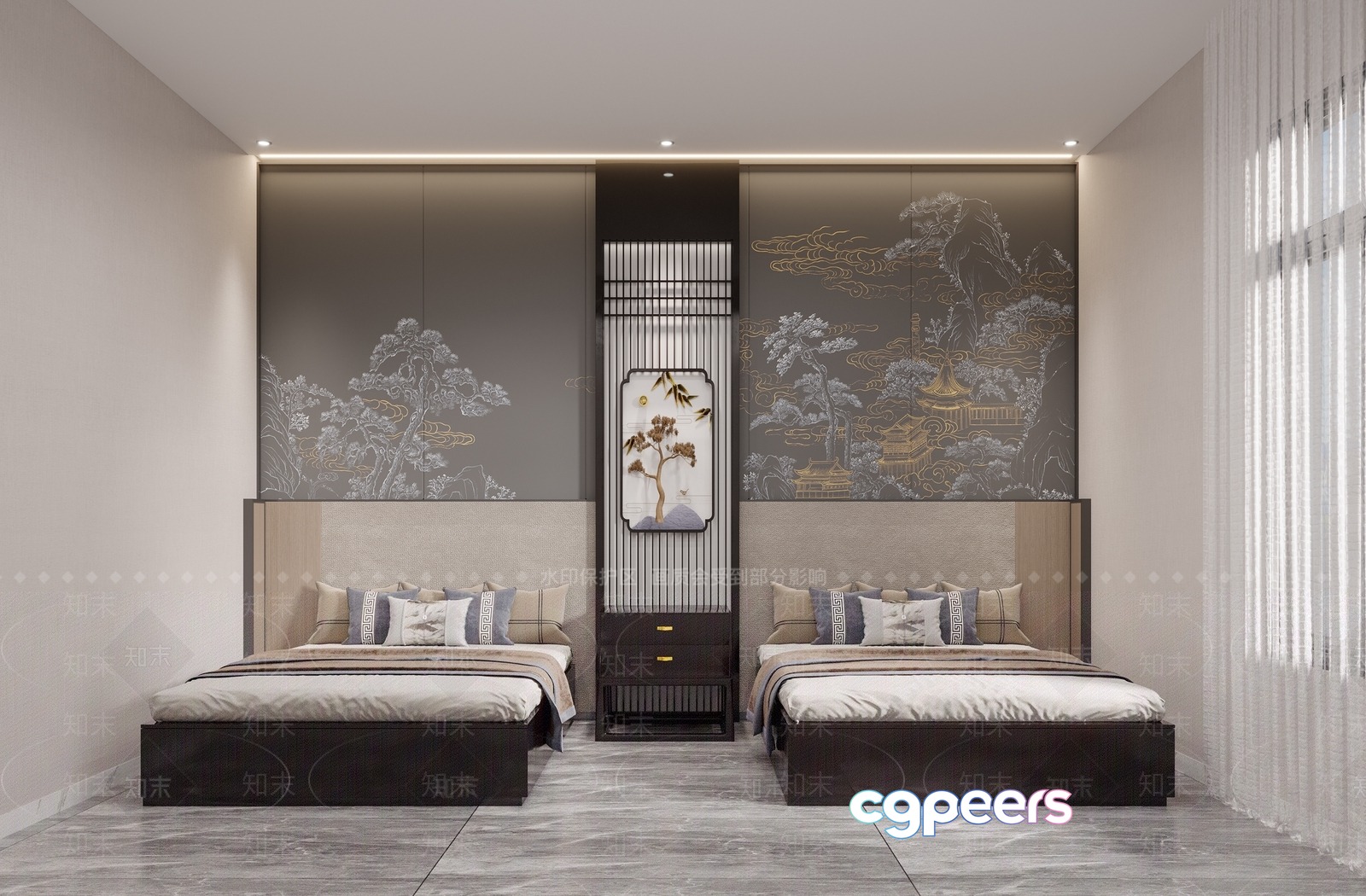A Modern Bedroom With Two Beds 3D Model - 15456 - VRAY Render