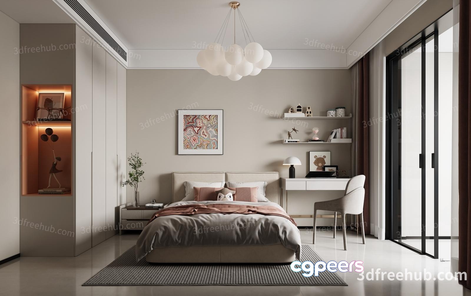 Modern Bedroom With Desk 3D Model - 19905 - VRAY Render