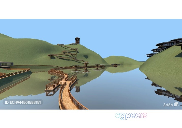 A Serene Landscape With A Bridge And A Body Of Water 3D Model - 10824 - VRAY Render A Serene Landscape With A Bridge And A Body Of Water 3D Model - 10824 - VRAY Render