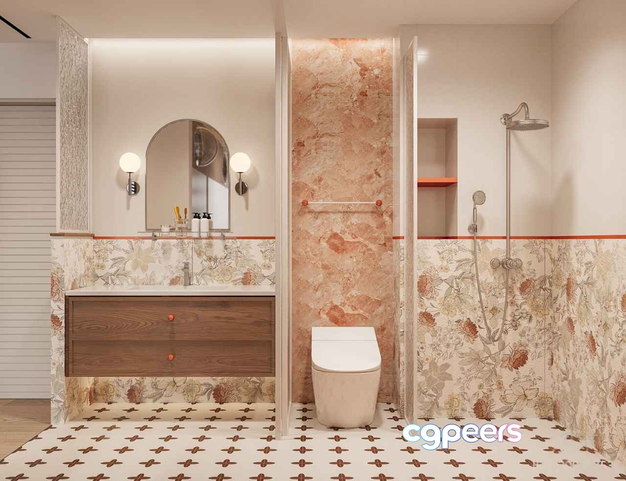 A Bathroom With A Floral Pattern 3D Model - 258 - CORONA Render
