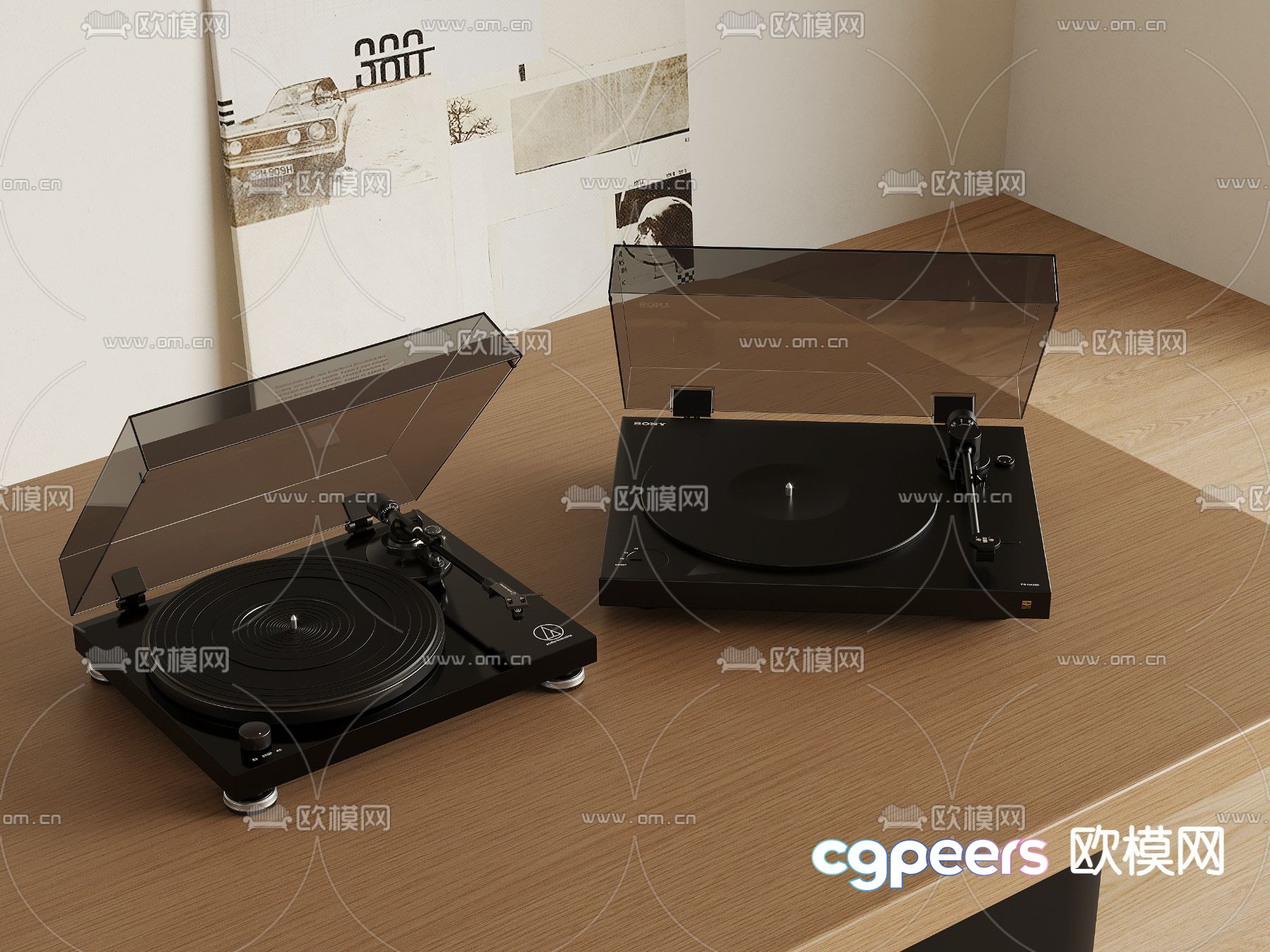 Two Record Players On A Wooden Table 3D Model - 2713 - VRAY Render