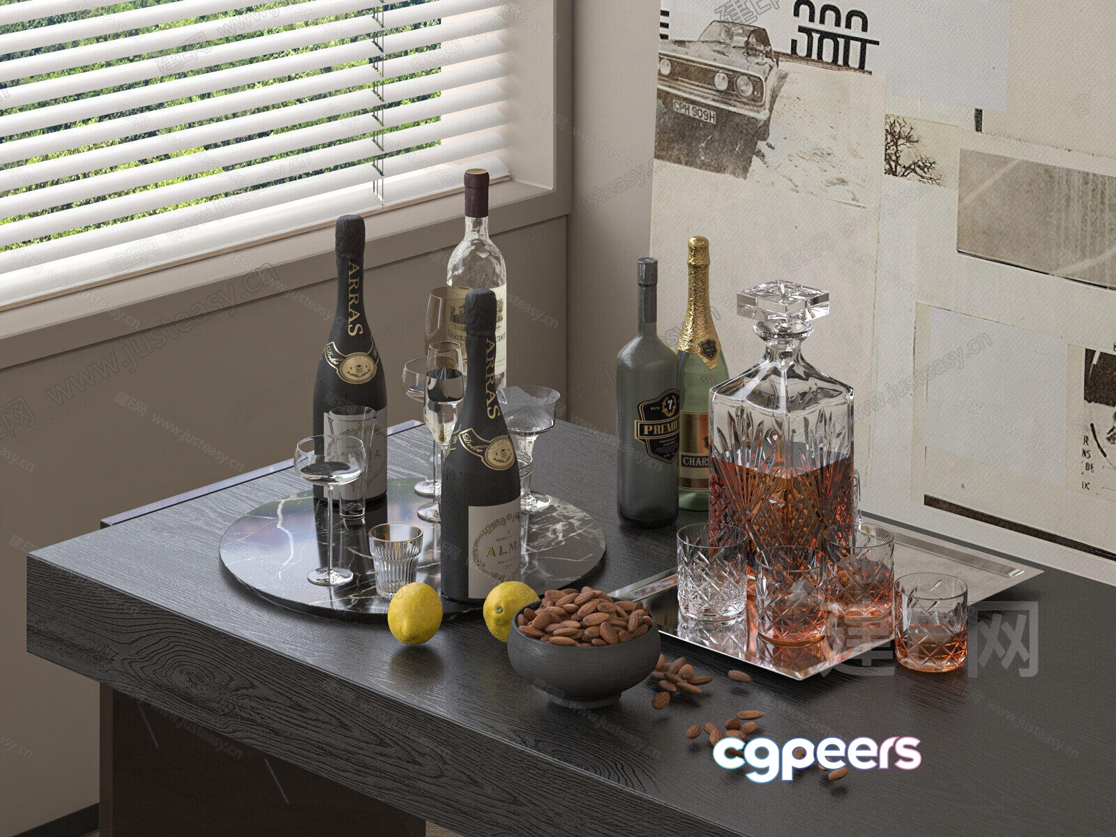 A Table With Various Bottles And Glasses 3D Model - 20409 - VRAY Render